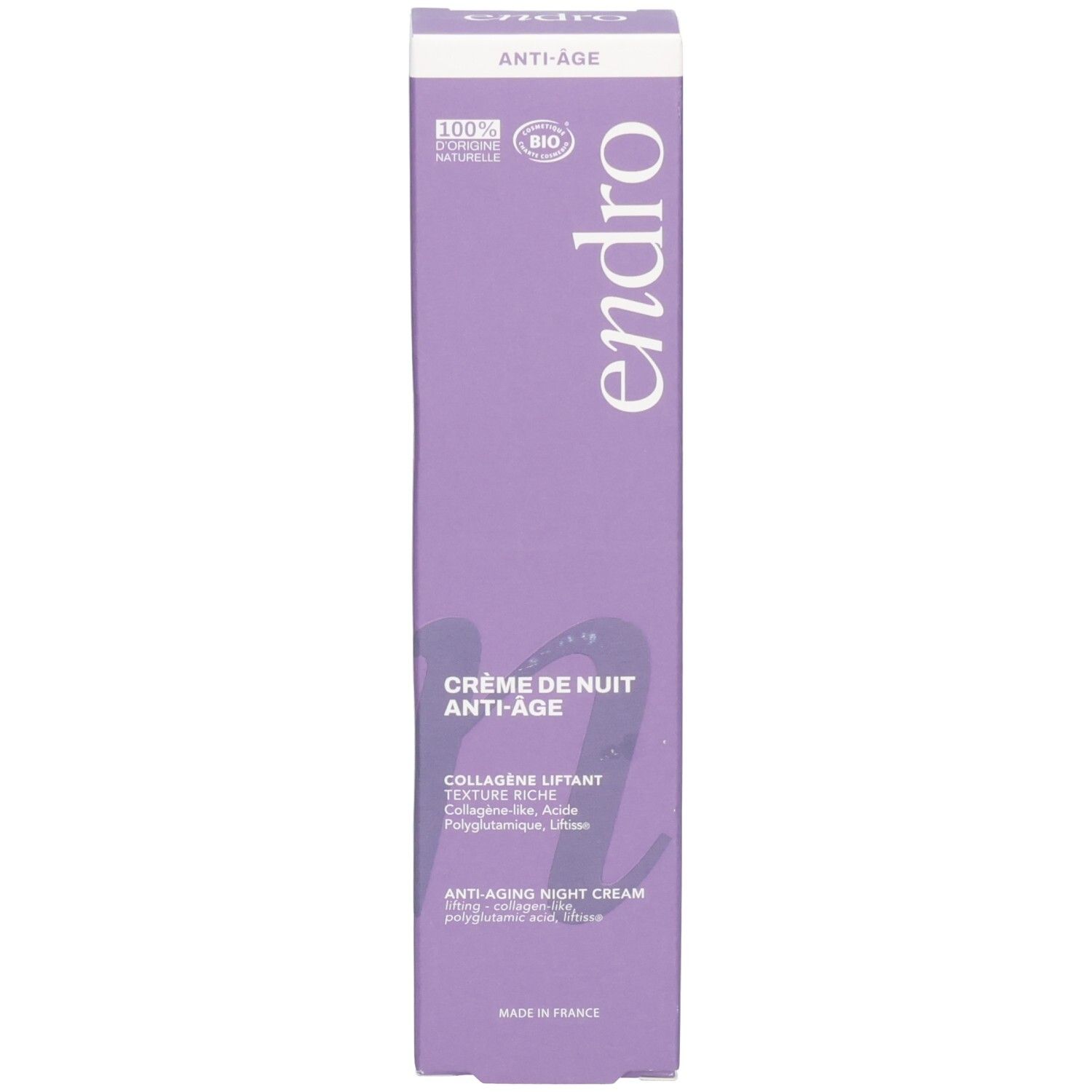 Endro Anti-Aging Nachtcreme Faltschachtel. Lilla Verpackung mit weißem Schriftzug und Produktinformationen.