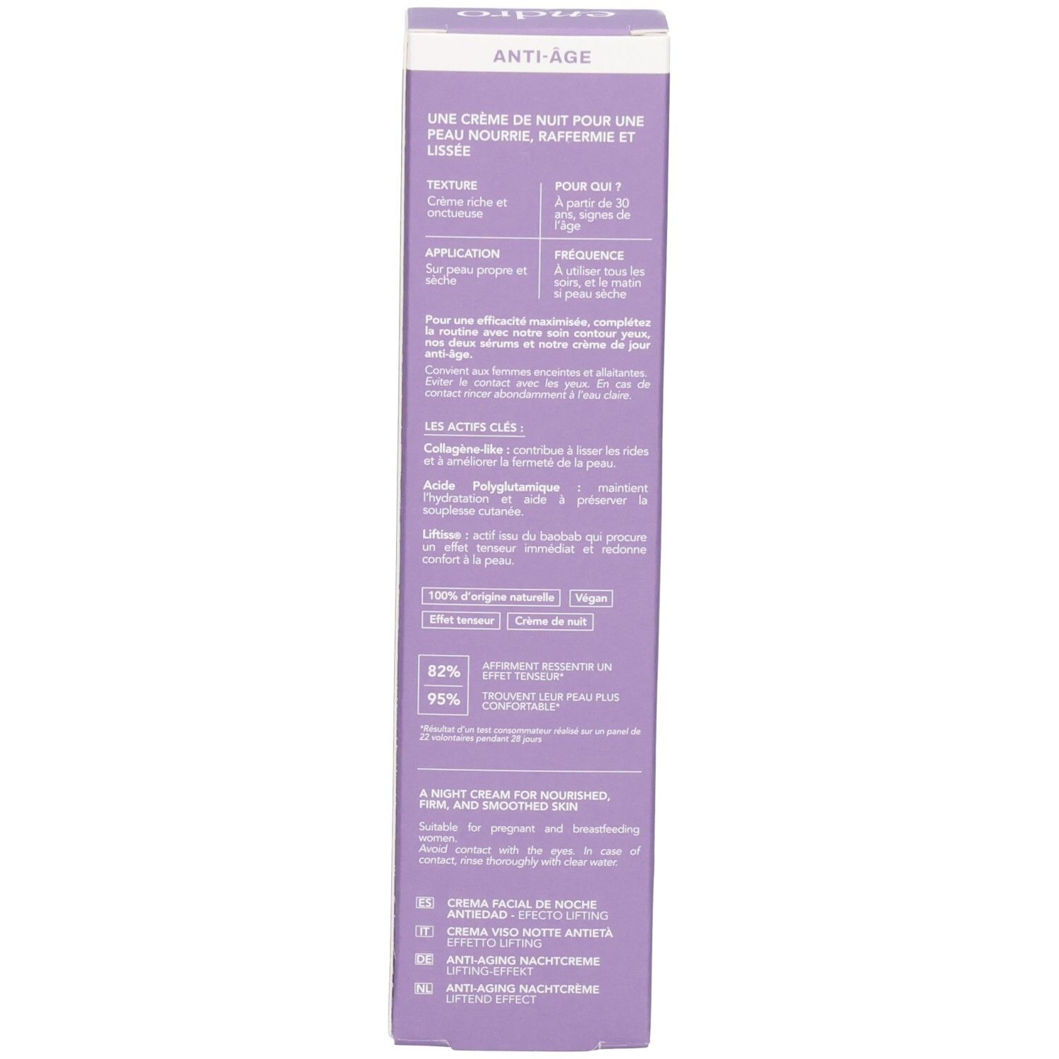 Rückseite einer Endro Anti-Aging Nachtcreme Faltschachtel mit detaillierten Produktinformationen.