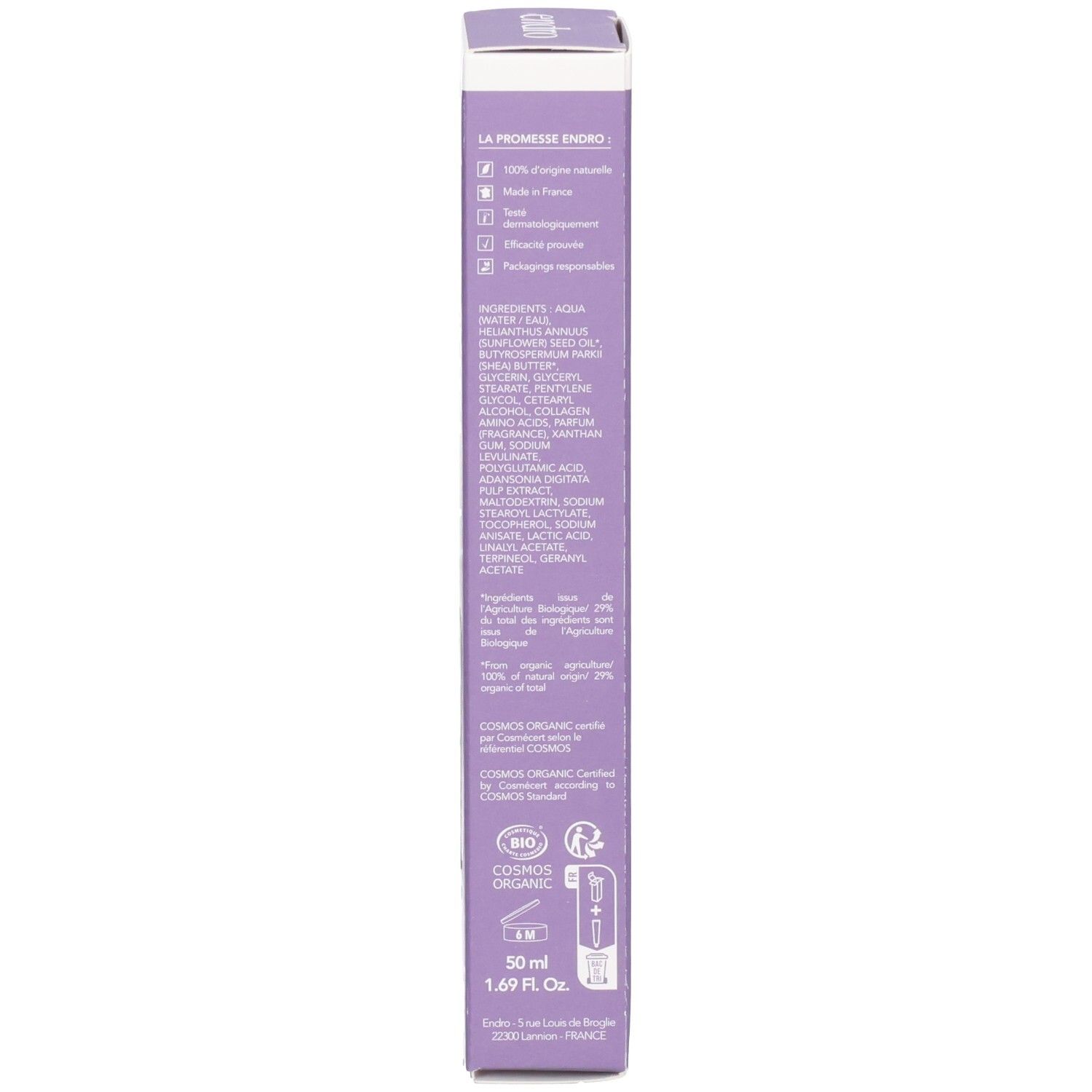 Seite einer Endro Anti-Aging Nachtcreme Faltschachtel mit Inhaltsstoffen und Zertifizierungen.