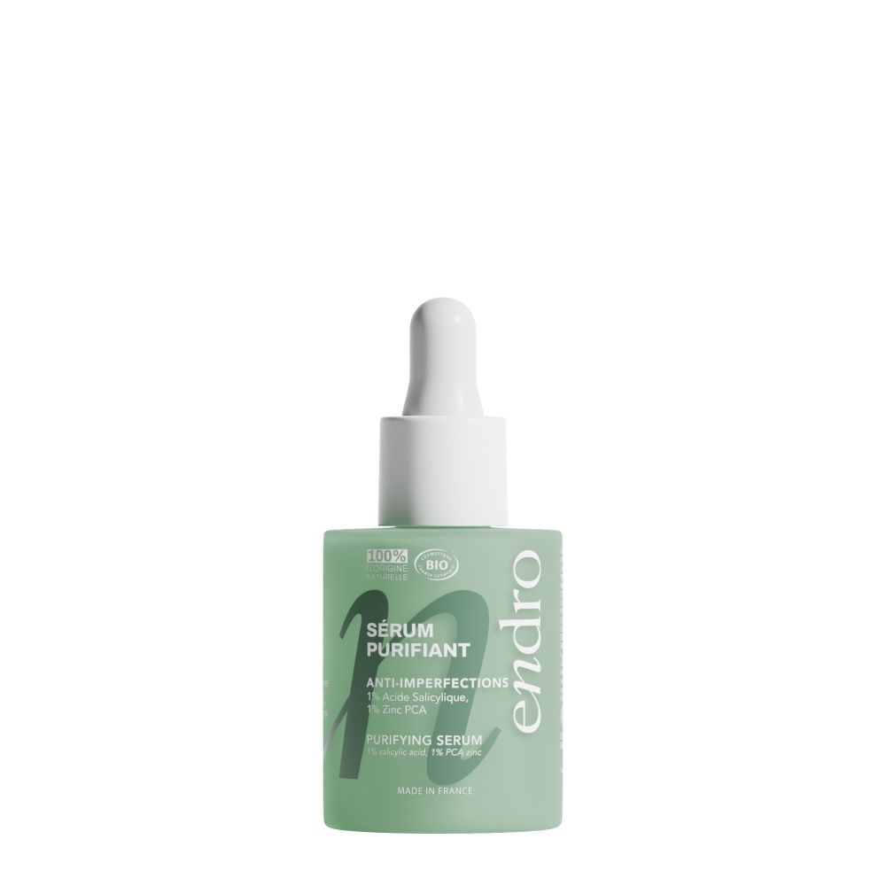 Endro Sérum Purifiant, flacon vert avec pipette. Contient 1% d'acide salicylique et 1% de zinc PCA.