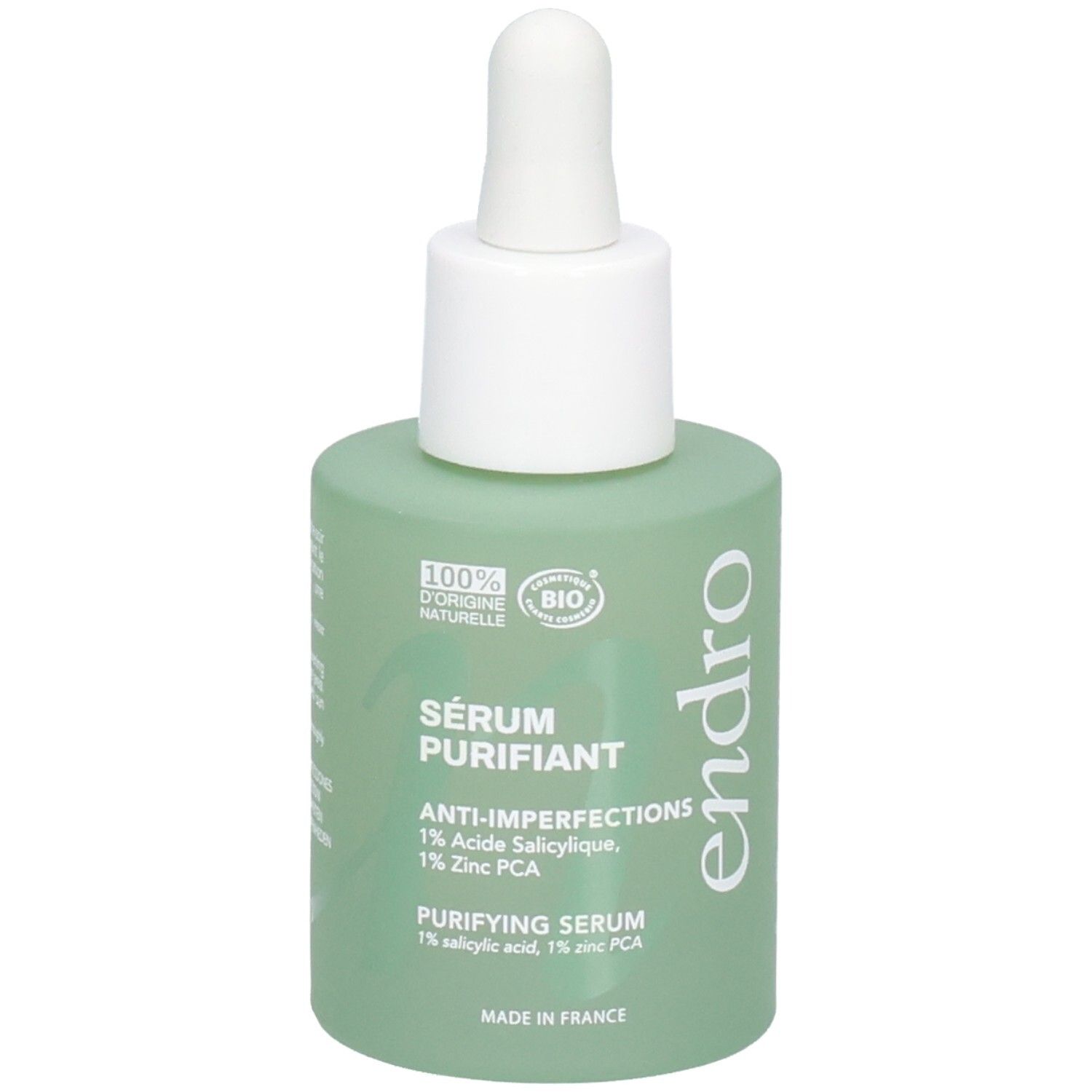 Endro Sérum Purifiant, ein grünes Serumfläschchen mit Pipette. Enthält 1% Salicylsäure und 1% Zink PCA.