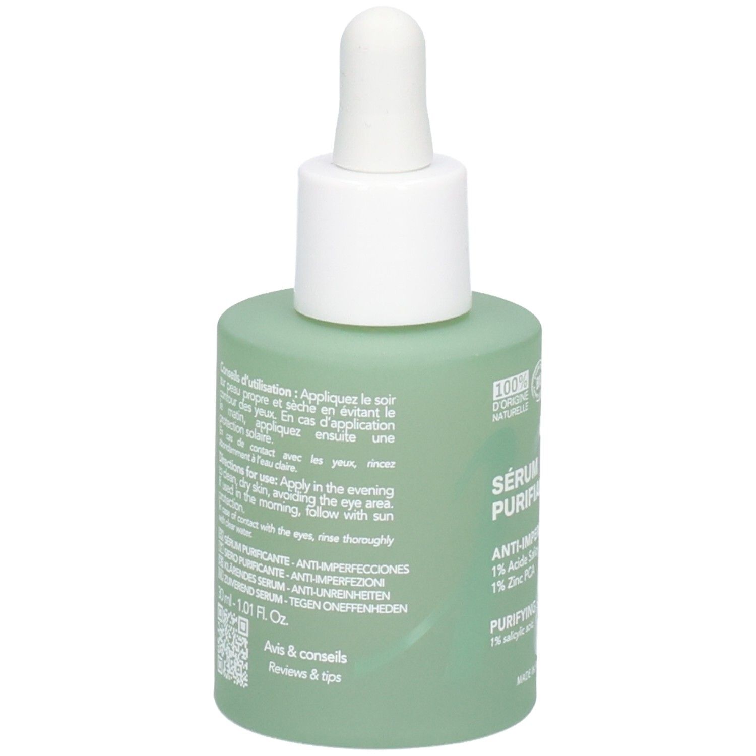 Rückseite des Endro Sérum Purifiant Fläschchens mit Anwendungshinweisen und Inhaltsstoffen.