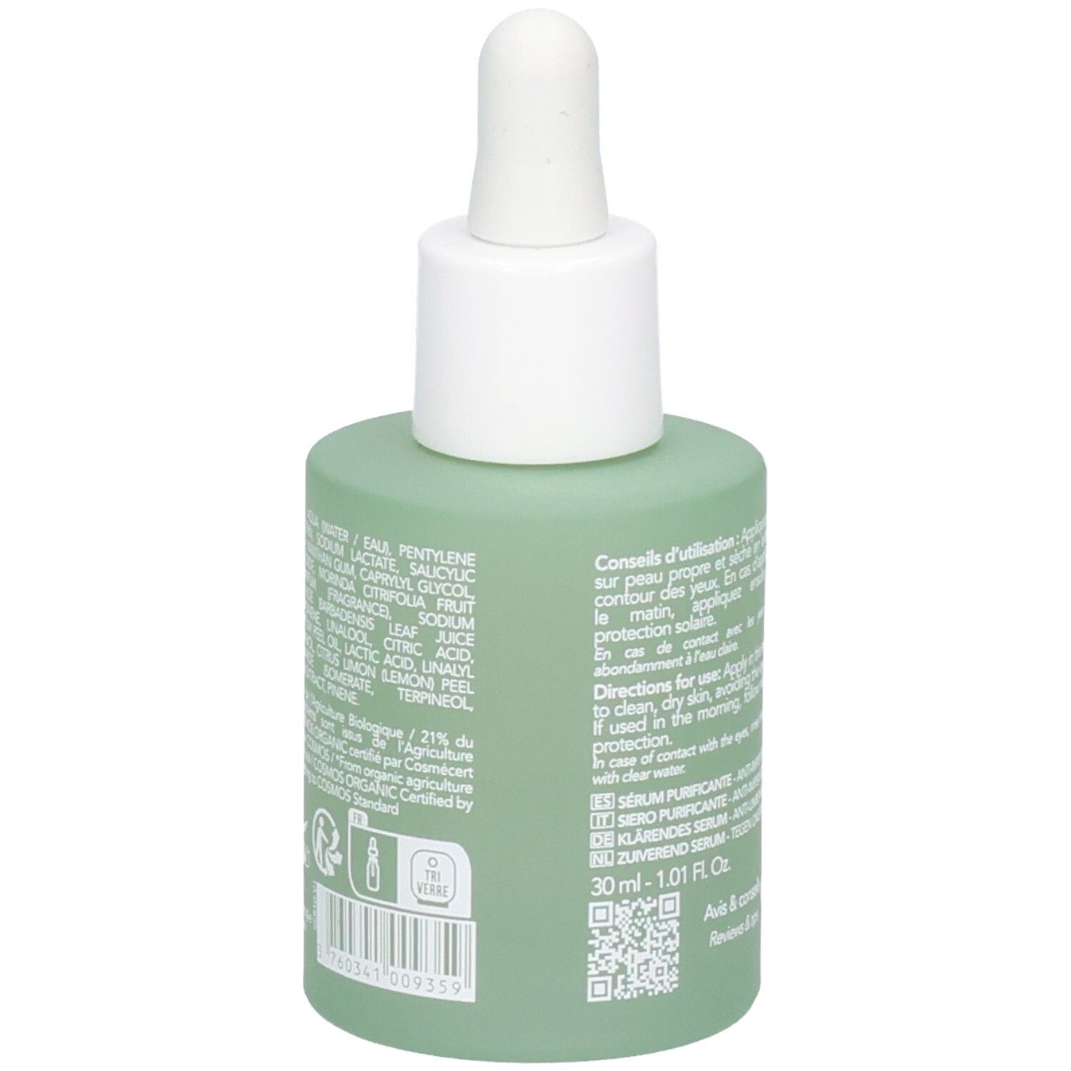 Seitenansicht des Endro Sérum Purifiant Fläschchens mit detaillierten Inhaltsstoffangaben.