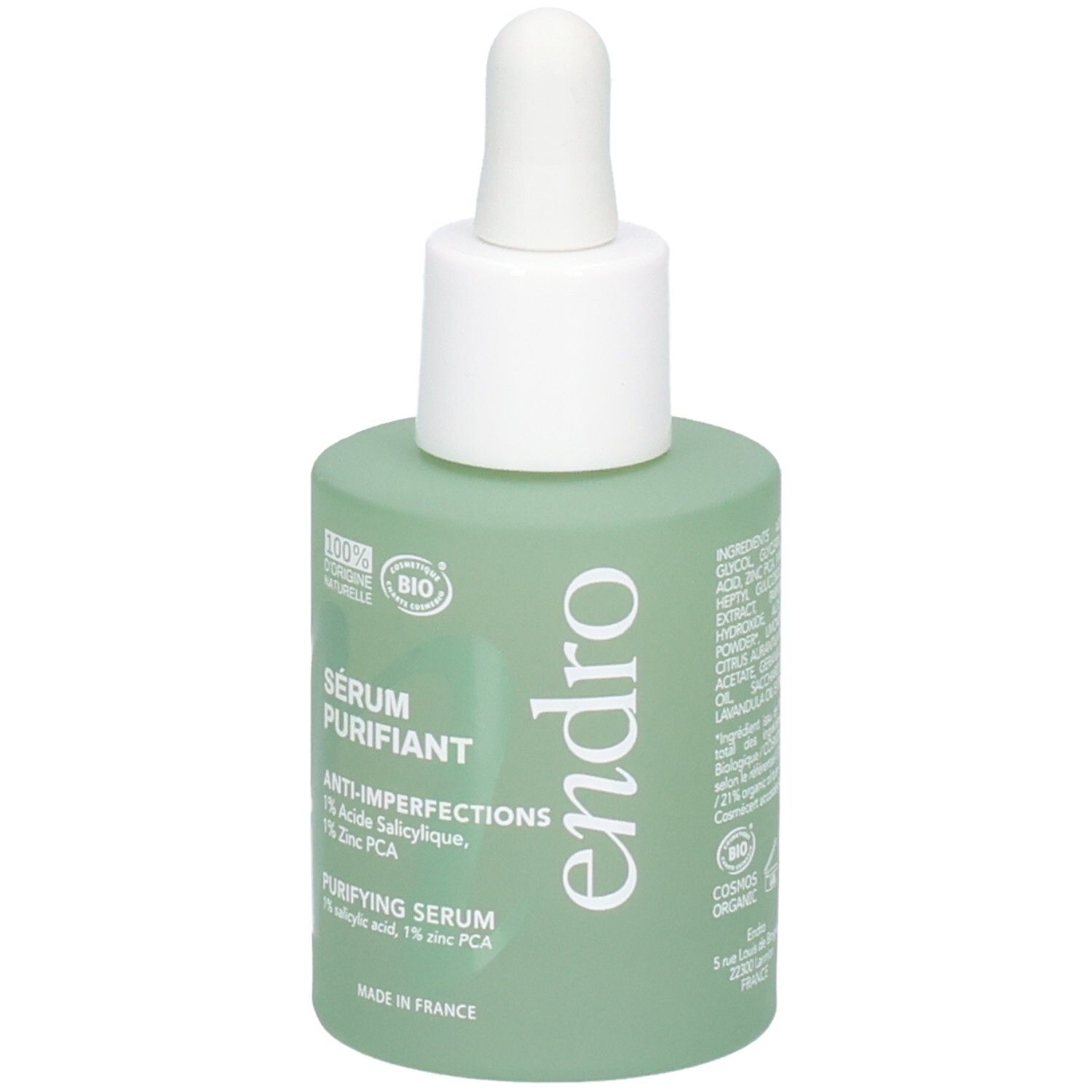 Endro Sérum Purifiant, ein grünes Serumfläschchen mit Pipette. Enthält 1% Salicylsäure und 1% Zink PCA.