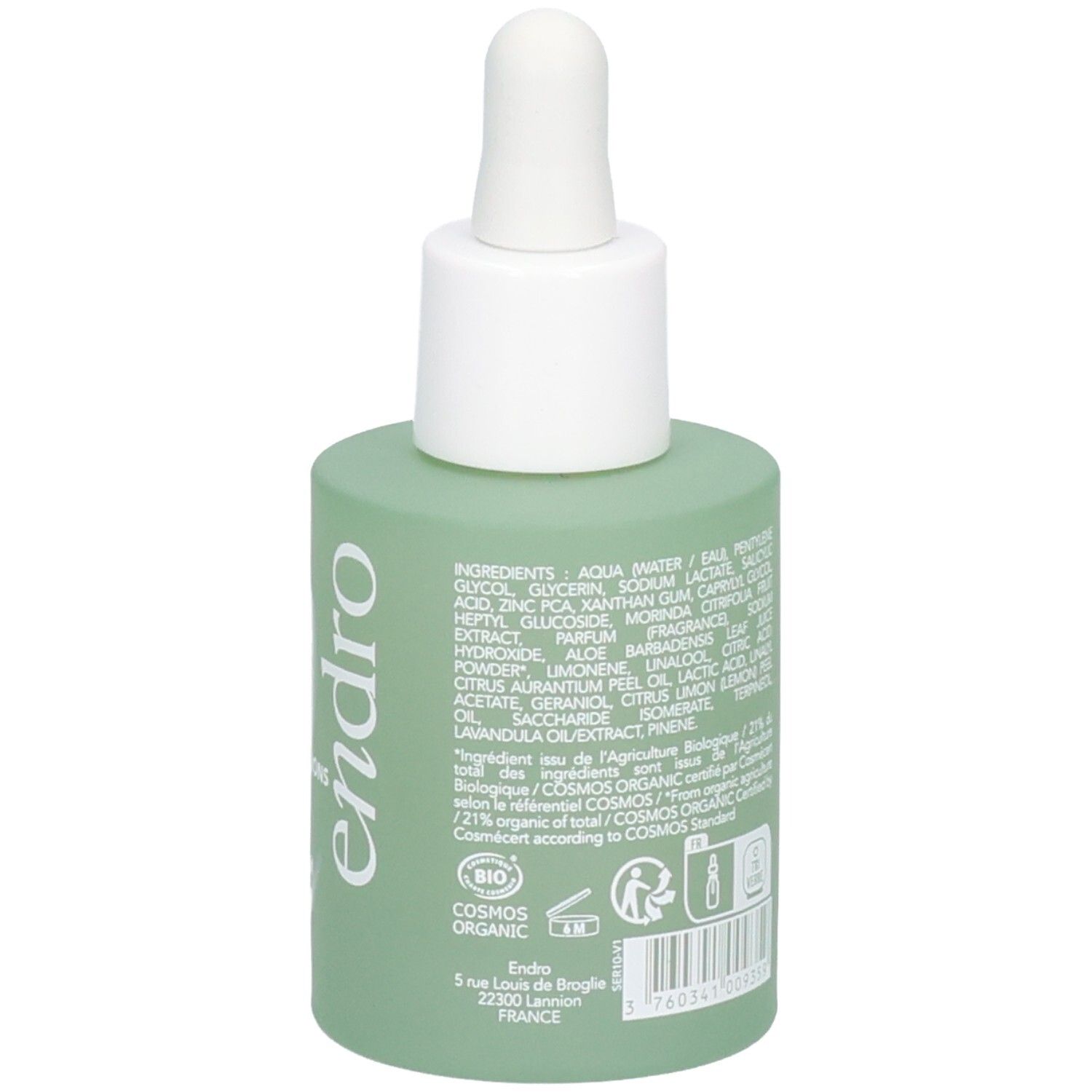 Rückseite des Endro Sérum Purifiant Fläschchens mit Inhaltsstoffen und Bio-Siegel.
