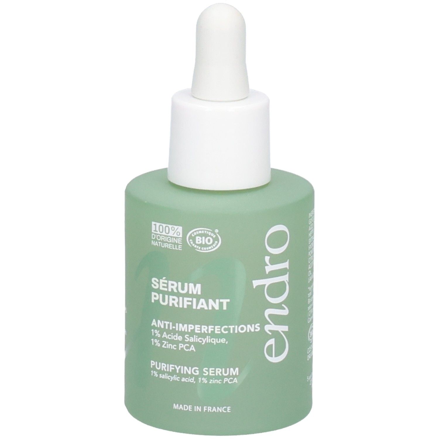 Endro Sérum Purifiant, ein grünes Serumfläschchen mit Pipette. Enthält 1% Salicylsäure und 1% Zink PCA.