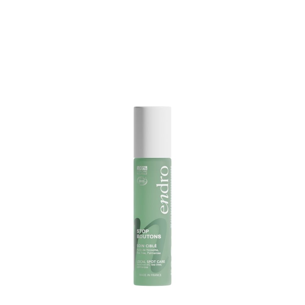 Endro Stop Boutons Roll-On: Flacon vert avec bouchon blanc. Contient 10ml. Certifié COSMOS ORGANIC.