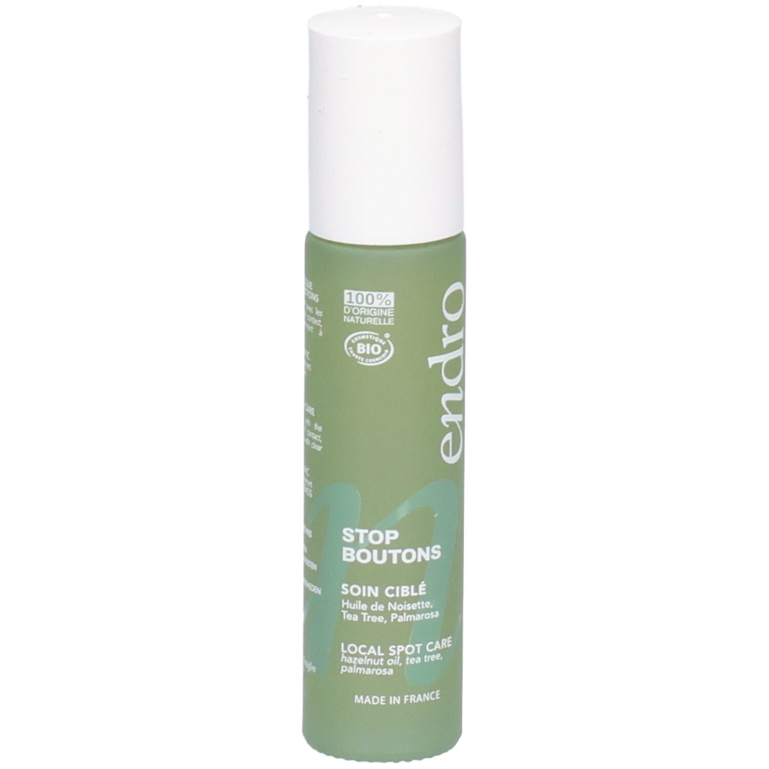 Endro Stop Boutons Roll-On: Grüne Flasche mit weißem Verschluss. Enthält 10ml. COSMOS ORGANIC zertifiziert.
