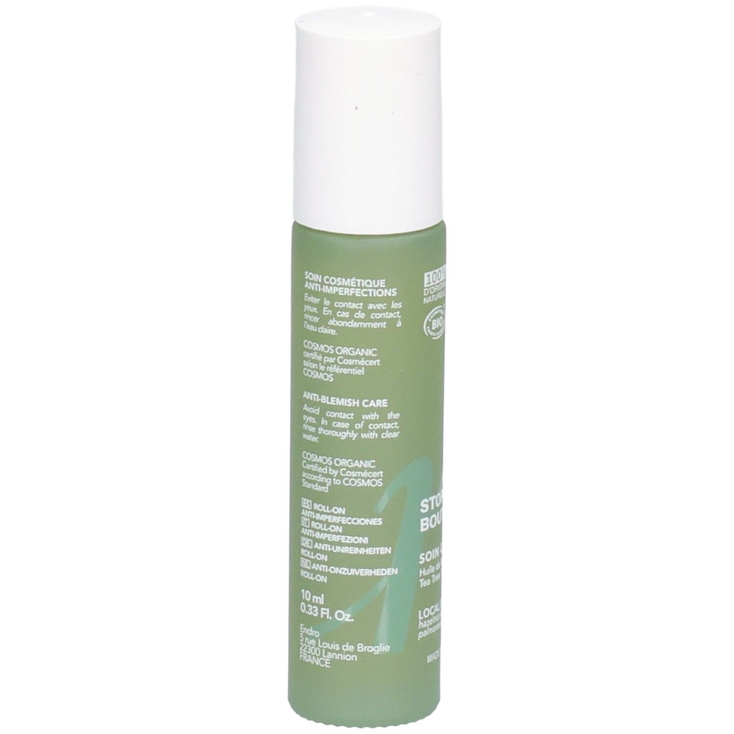 Endro Stop Boutons Rückseite: Grüne Flasche mit weißen Details. Enthält 10ml. COSMOS ORGANIC zertifiziert.