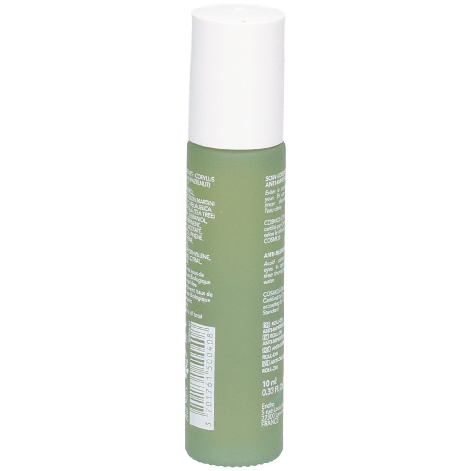 Endro Stop Boutons Seite: Grüne Flasche mit weißen Details und Barcode. Enthält 10ml. COSMOS ORGANIC zertifiziert.