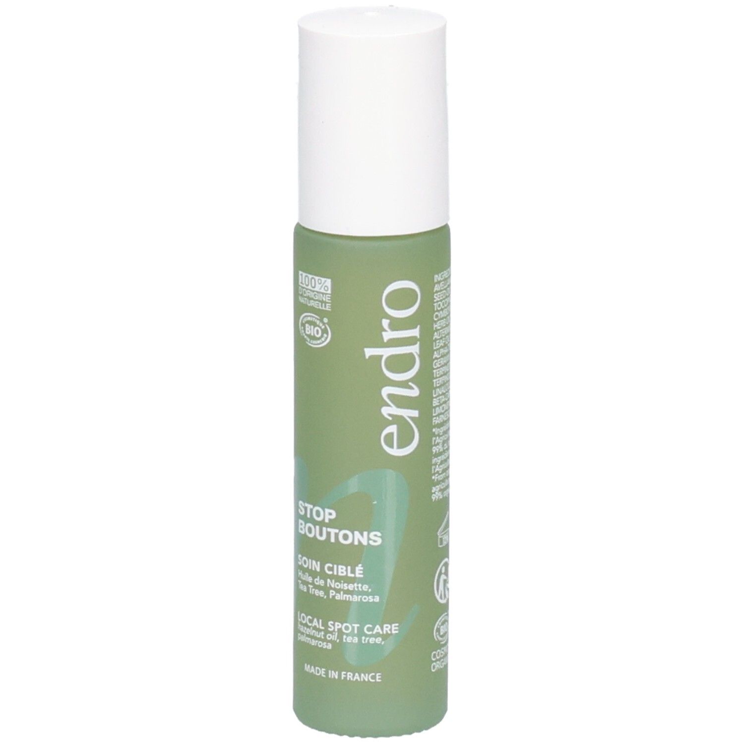Endro Stop Boutons Roll-On: Grüne Flasche mit weißem Verschluss. Enthält 10ml. COSMOS ORGANIC zertifiziert.