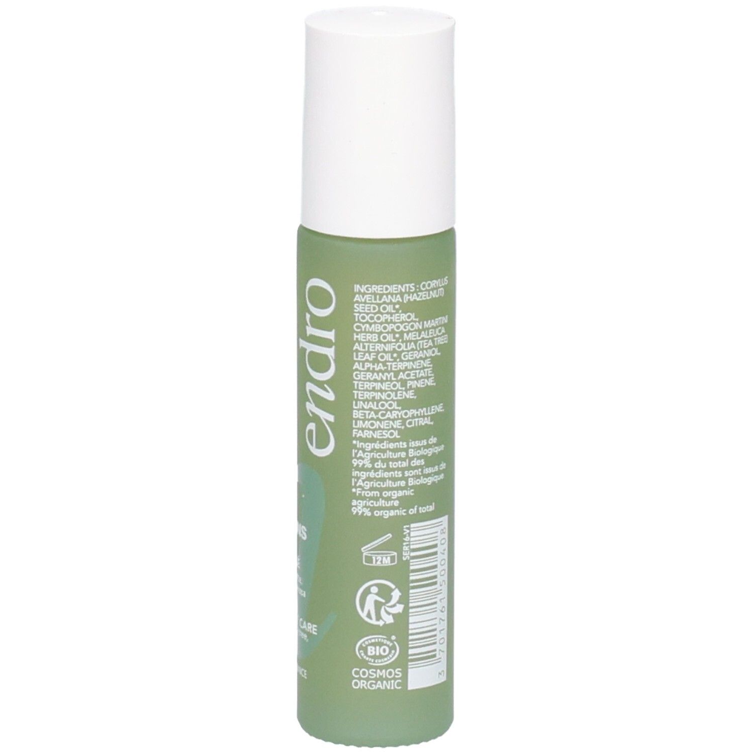 Endro Stop Boutons Rückseite: Grüne Flasche mit weißen Details und Bio-Siegel. Enthält 10ml. COSMOS ORGANIC zertifiziert.