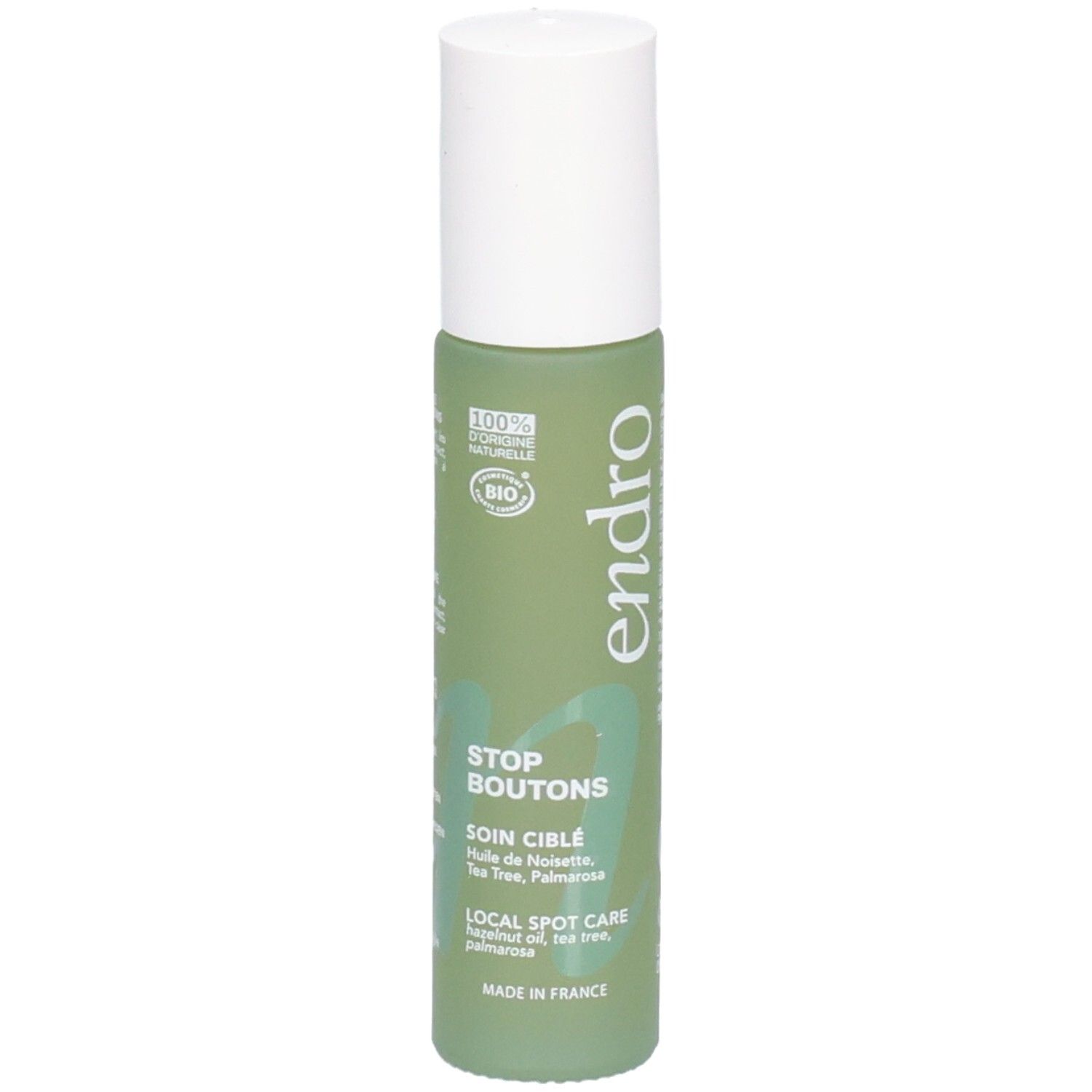 Endro Stop Boutons Vorderseite: Grüne Flasche mit weißem Verschluss. Enthält 10ml. COSMOS ORGANIC zertifiziert.