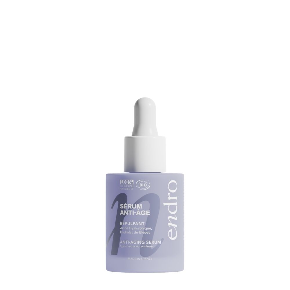 Flacon lilas avec bouchon pipette, SÉRUM ANTI-ÂGE, Made in France. Logo bio.