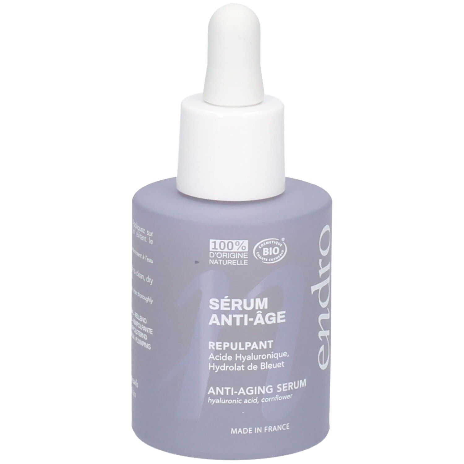 Lila Flasche mit Pipettenverschluss, SÉRUM ANTI-ÂGE, 100% natürliche Bio-Zutaten.