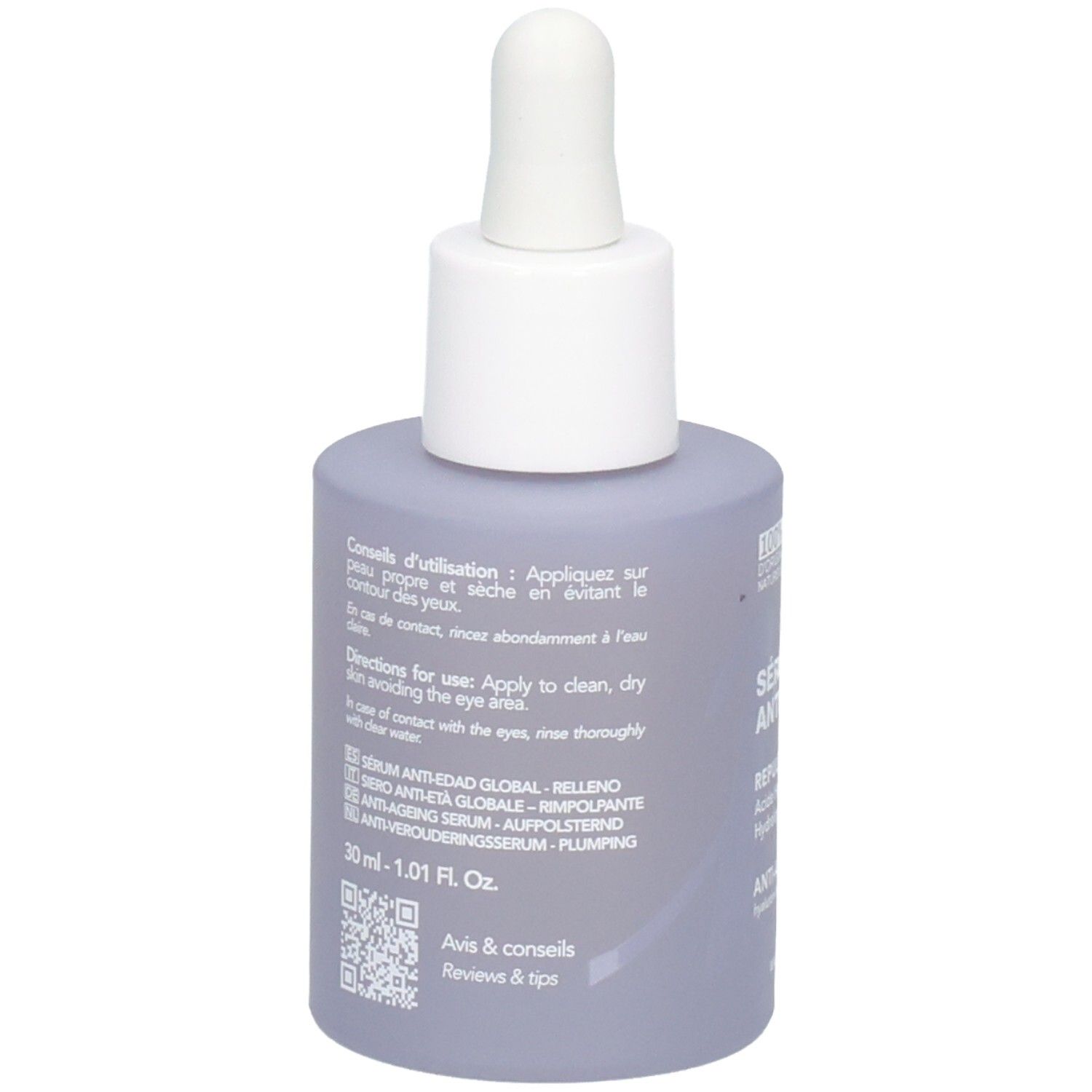 Rückseite einer lila Flasche mit Pipette. Enthält Anwendungshinweise und Inhaltsstoffe. 30 ml.