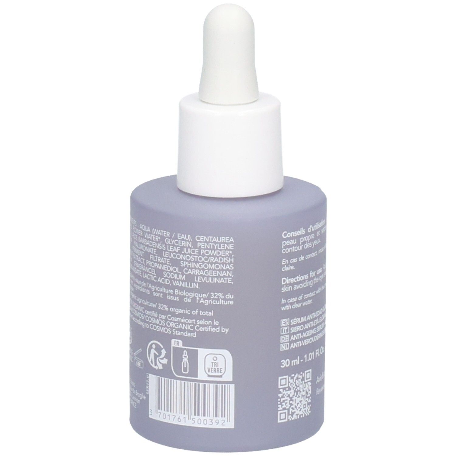 Seite einer lila Flasche mit Pipette. Zeigt Inhaltsstoffliste und Bio-Zertifizierungen. 30 ml.
