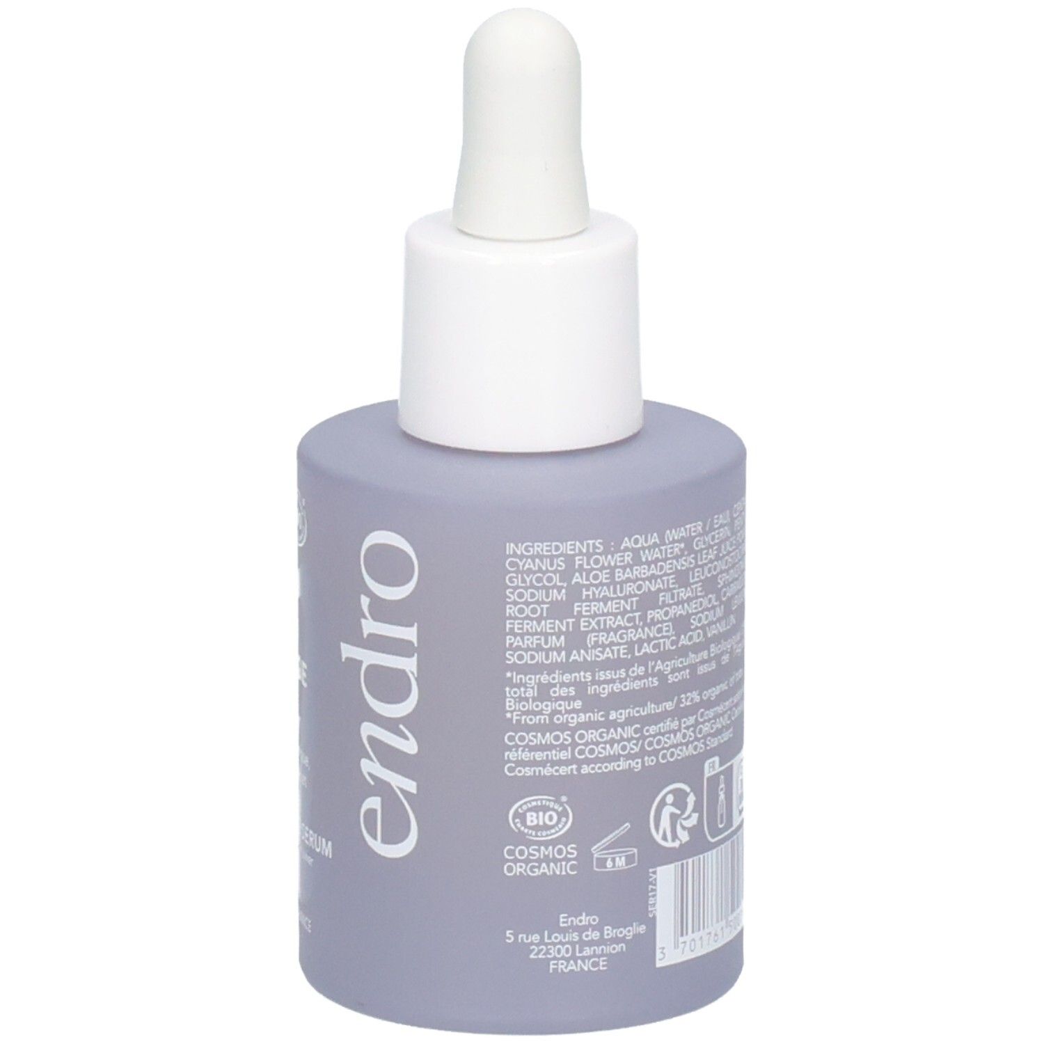 Seite einer lila Flasche mit Pipette. Inhaltsstoffe und COSMOS ORGANIC Zertifizierung.