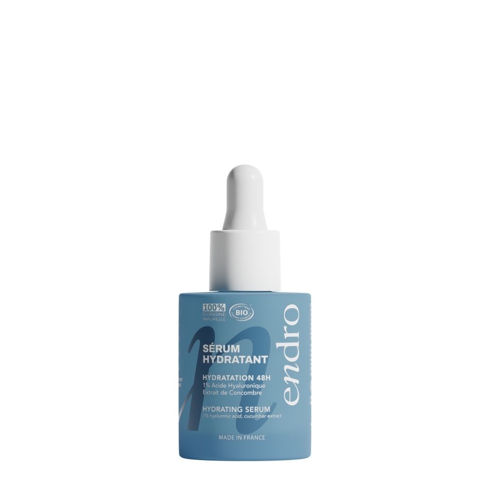 Endro Sérum Hydratant: Flacon bleu en verre avec pipette. Contient 1% d'acide hyaluronique et extrait de concombre.