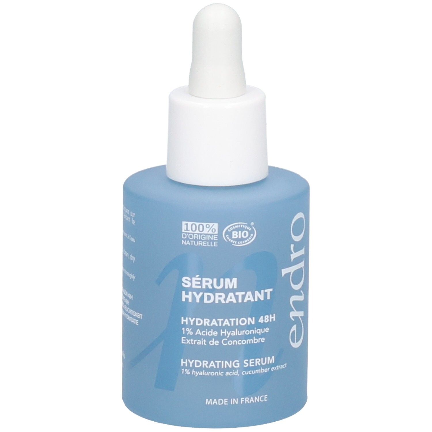 Endro Sérum Hydratant: Blaue Glasflasche mit Pipette. Enthält 1% Hyaluronsäure und Gurkenextrakt.