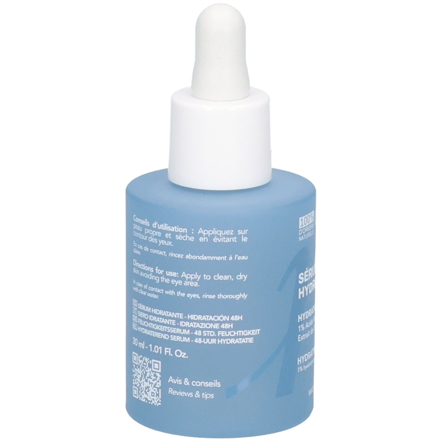 Rückseite der Endro Sérum Hydratant Flasche mit Anwendungshinweisen und Inhaltsstoffen in mehreren Sprachen.