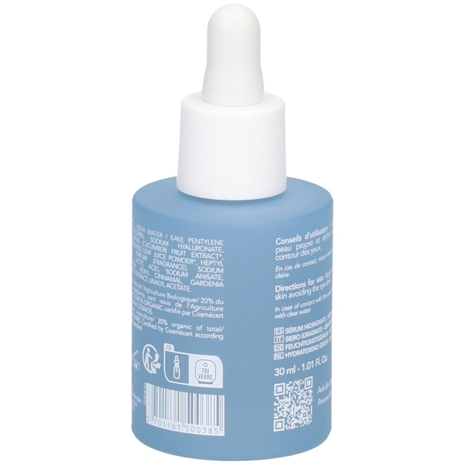 Seitenansicht der Endro Sérum Hydratant Flasche mit detaillierter Inhaltsstoffliste und Bio-Zertifizierung.