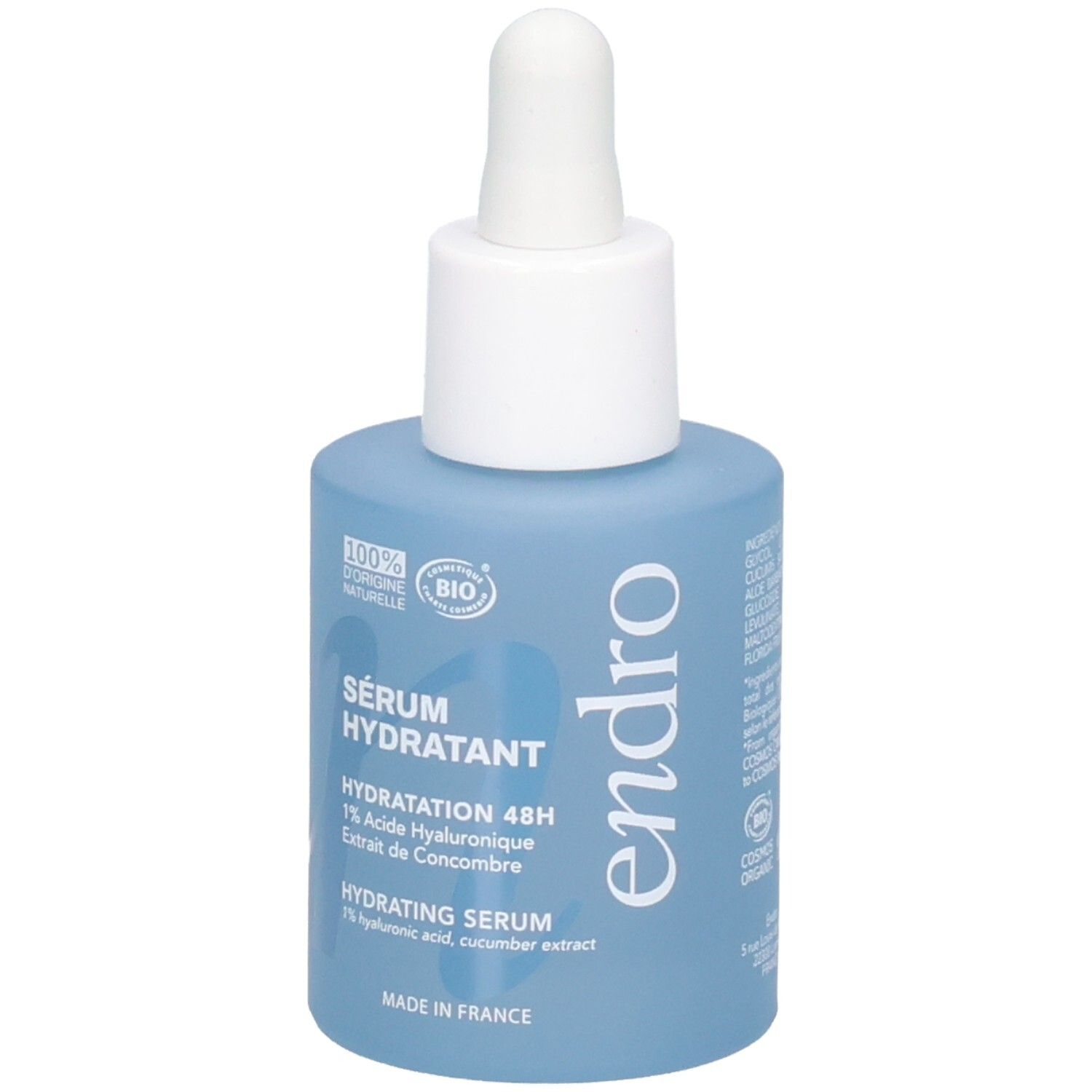 Endro Sérum Hydratant: Blaue Glasflasche mit Pipette. Enthält 1% Hyaluronsäure und Gurkenextrakt.