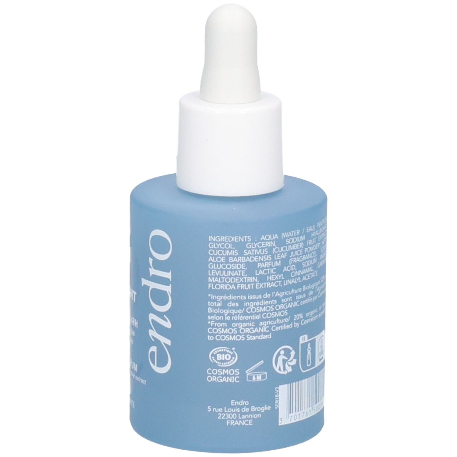 Rückseite der Endro Sérum Hydratant Flasche mit vollständiger Inhaltsstoffliste und Cosmos Organic Siegel.