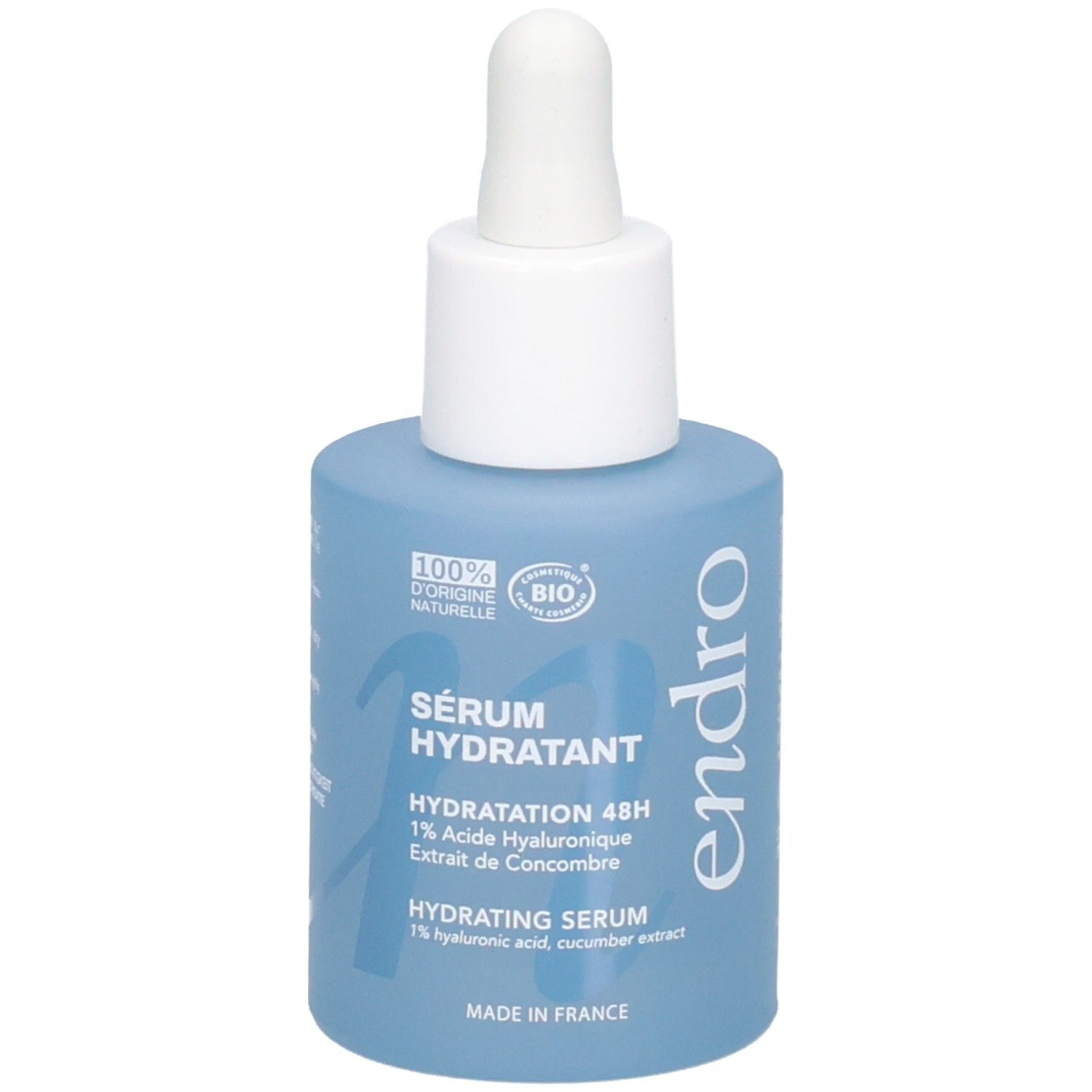 Endro Sérum Hydratant: Blaue Glasflasche mit Pipette. Enthält 1% Hyaluronsäure und Gurkenextrakt.