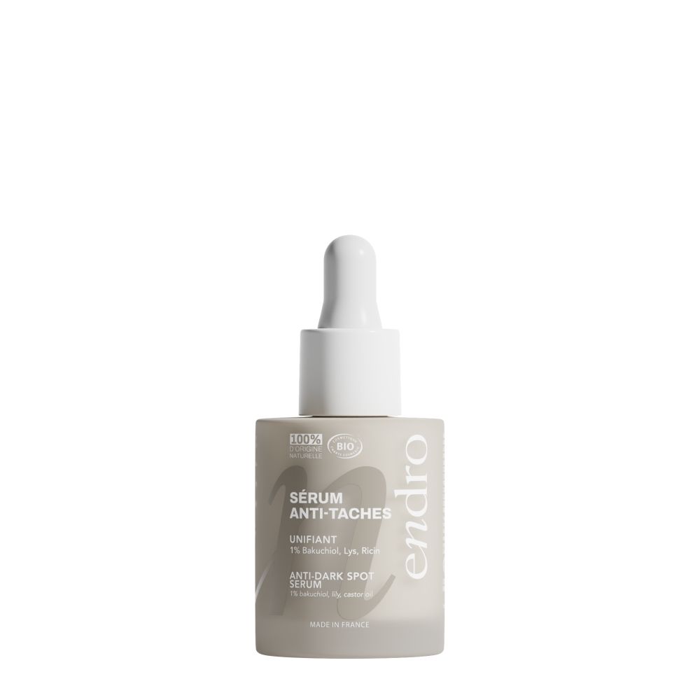 Endro Sérum Anti-Taches : flacon avec pipette. Contient 1% Bakuchiol.