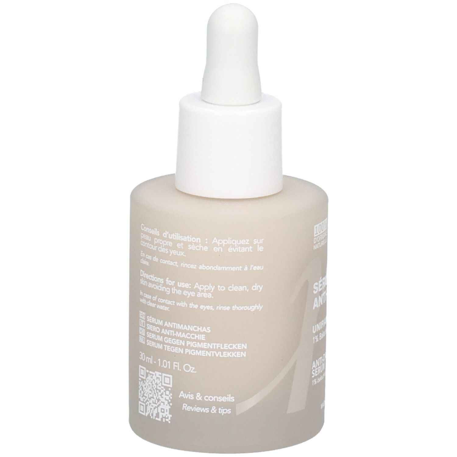 Endro Sérum Anti-Taches: Rückseite mit Anwendungshinweisen und QR-Code.