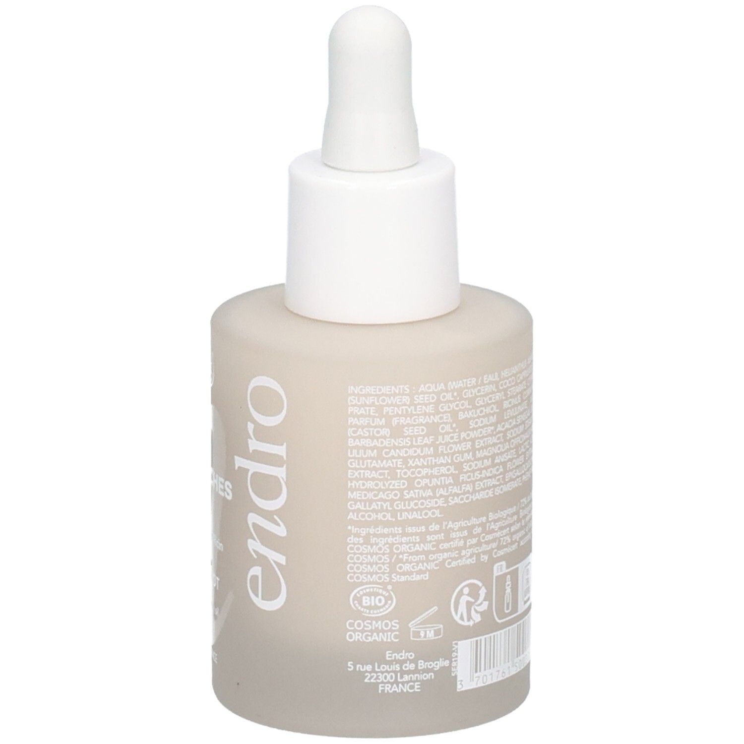 Endro Sérum Anti-Taches: Rückseite mit Inhaltsstoffen, Siegeln und Adresse.