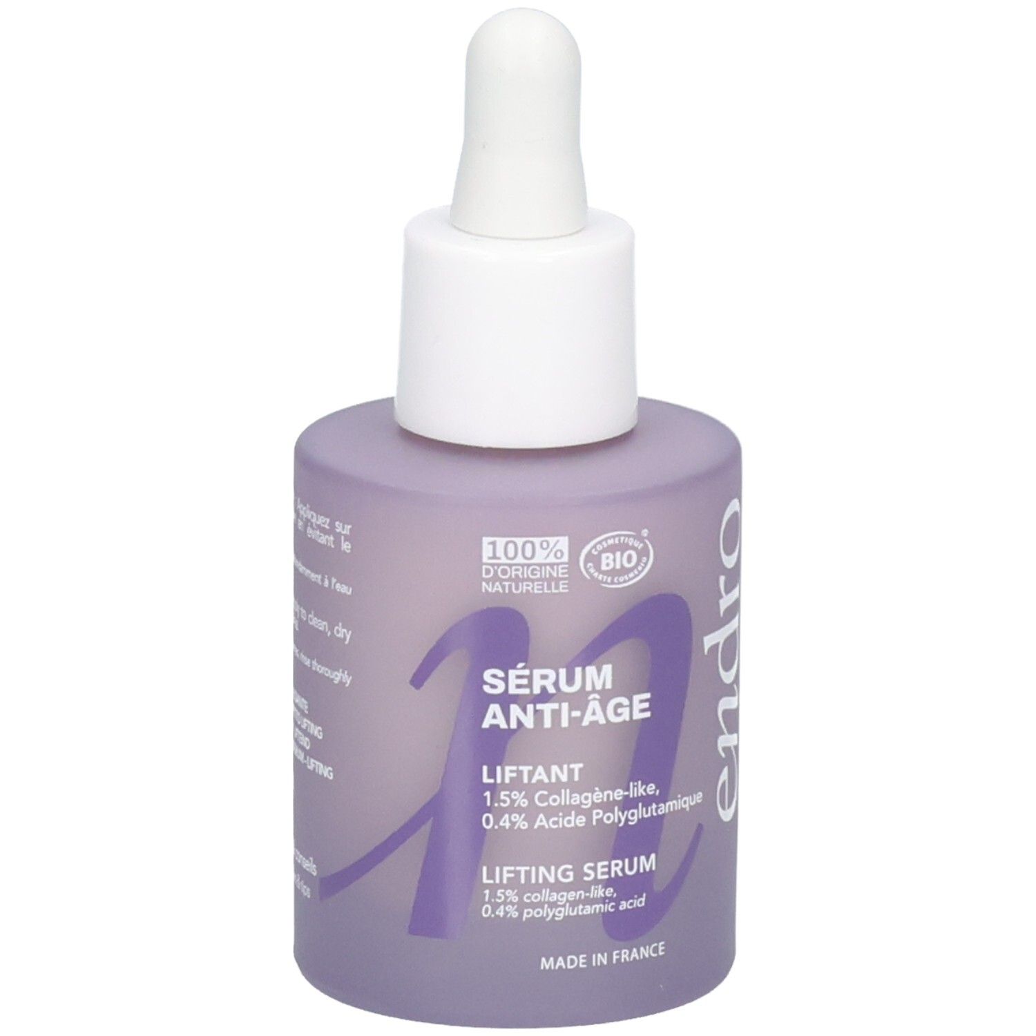 Lila Glasflasche mit Pipettenverschluss, Endro Anti-Aging Lifting Serum.