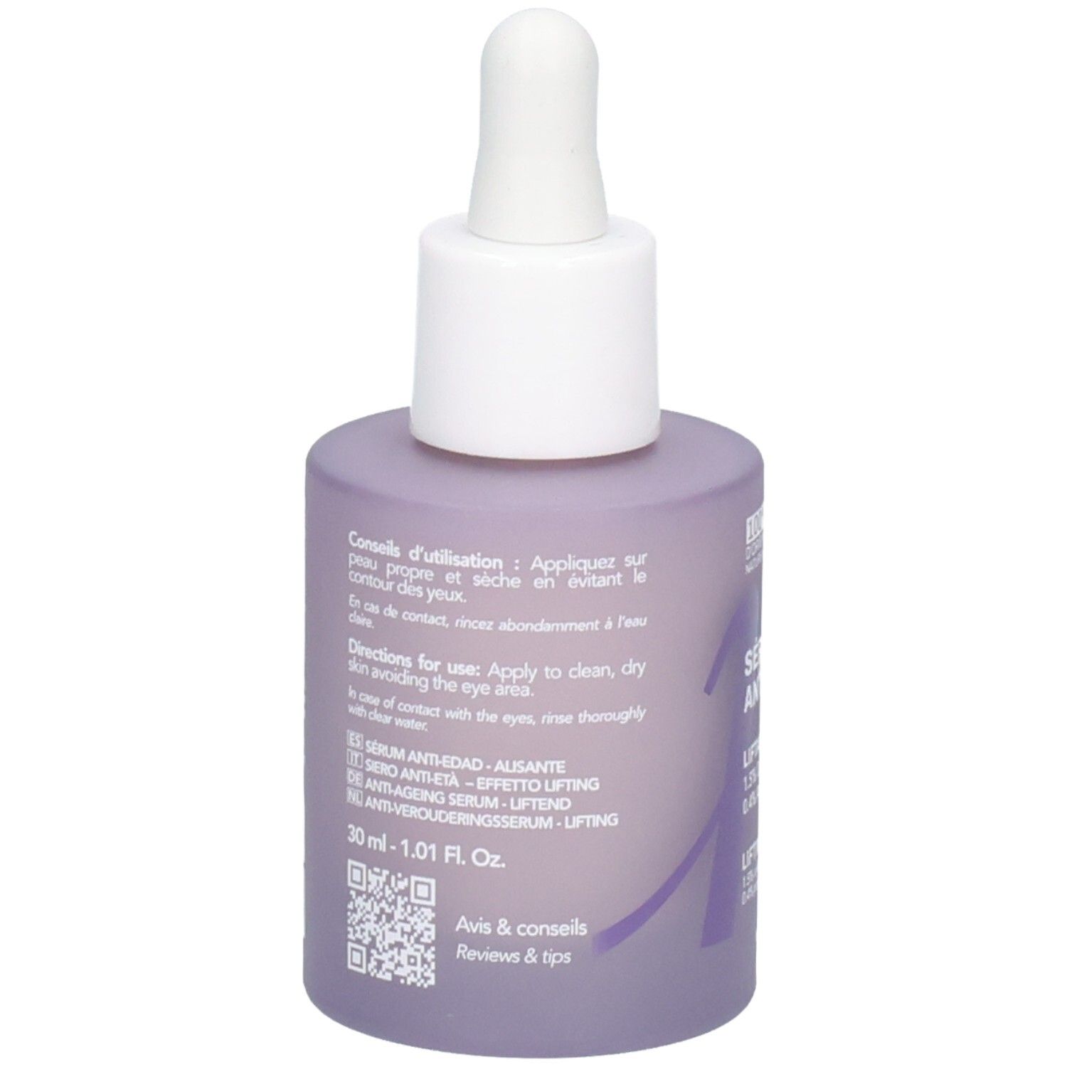 Rückseite einer lila Glasflasche mit Pipette, zeigt Anwendungshinweise und QR-Code.
