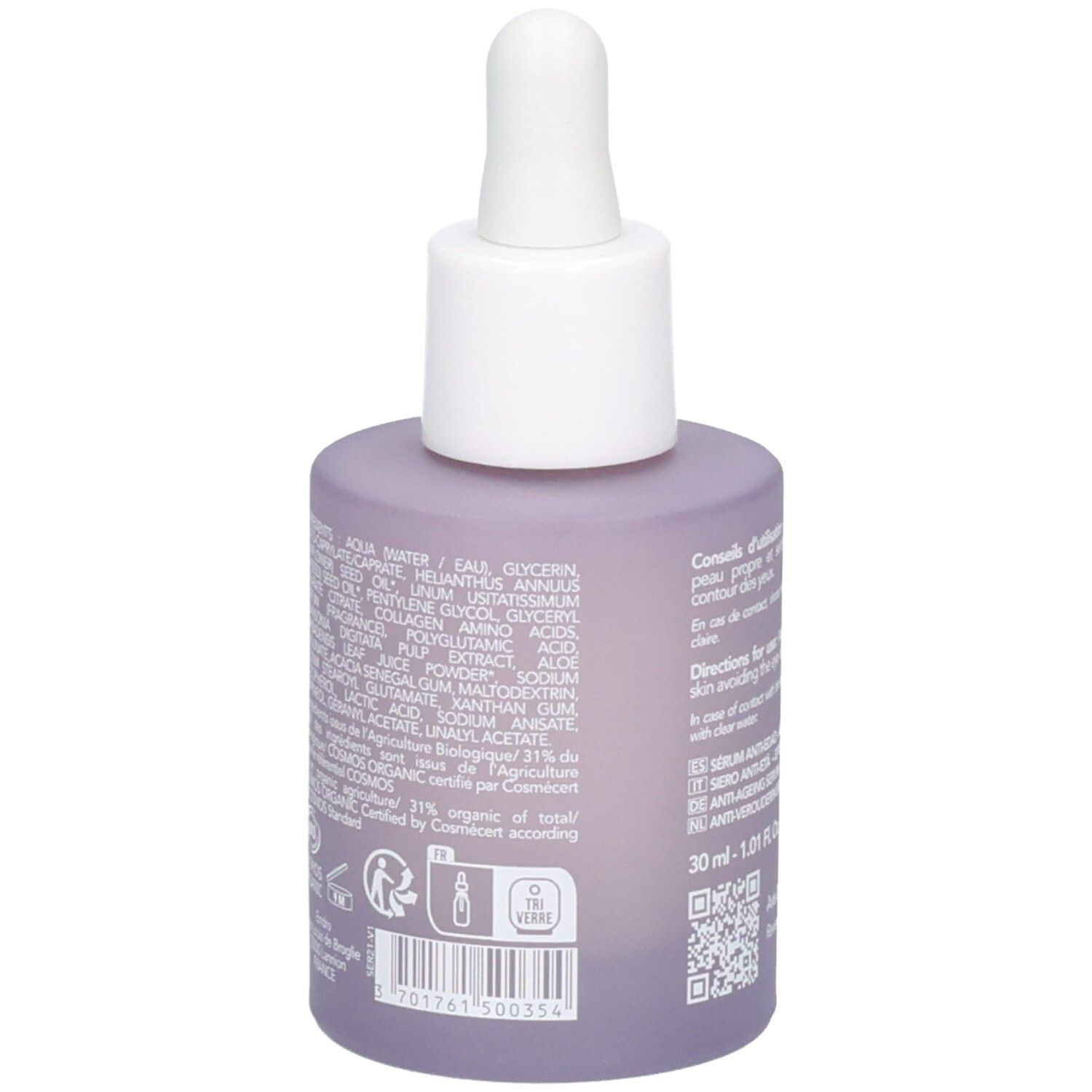 Rückseite einer lila Glasflasche mit Pipette, zeigt Inhaltsstoffe und Bio-Siegel.