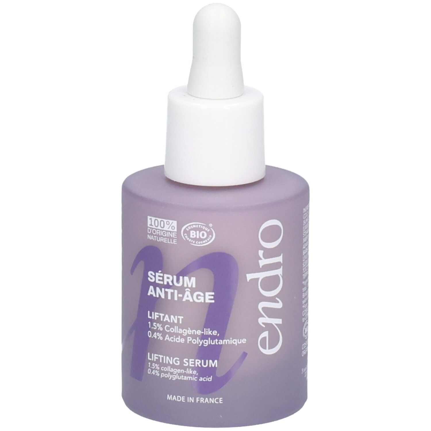 Lila Glasflasche mit Pipettenverschluss, Endro Anti-Aging Lifting Serum, Made in France.