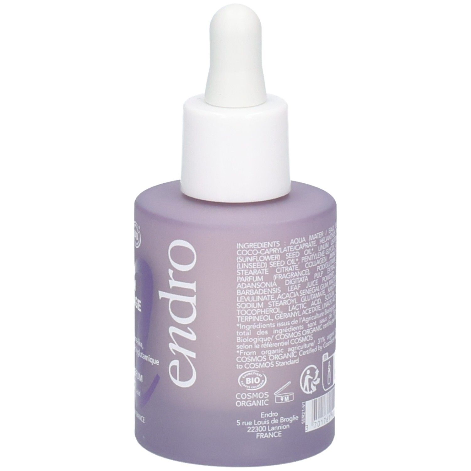 Lila Glasflasche mit Pipettenverschluss, Endro Anti-Aging Lifting Serum, Inhaltsstoffliste.