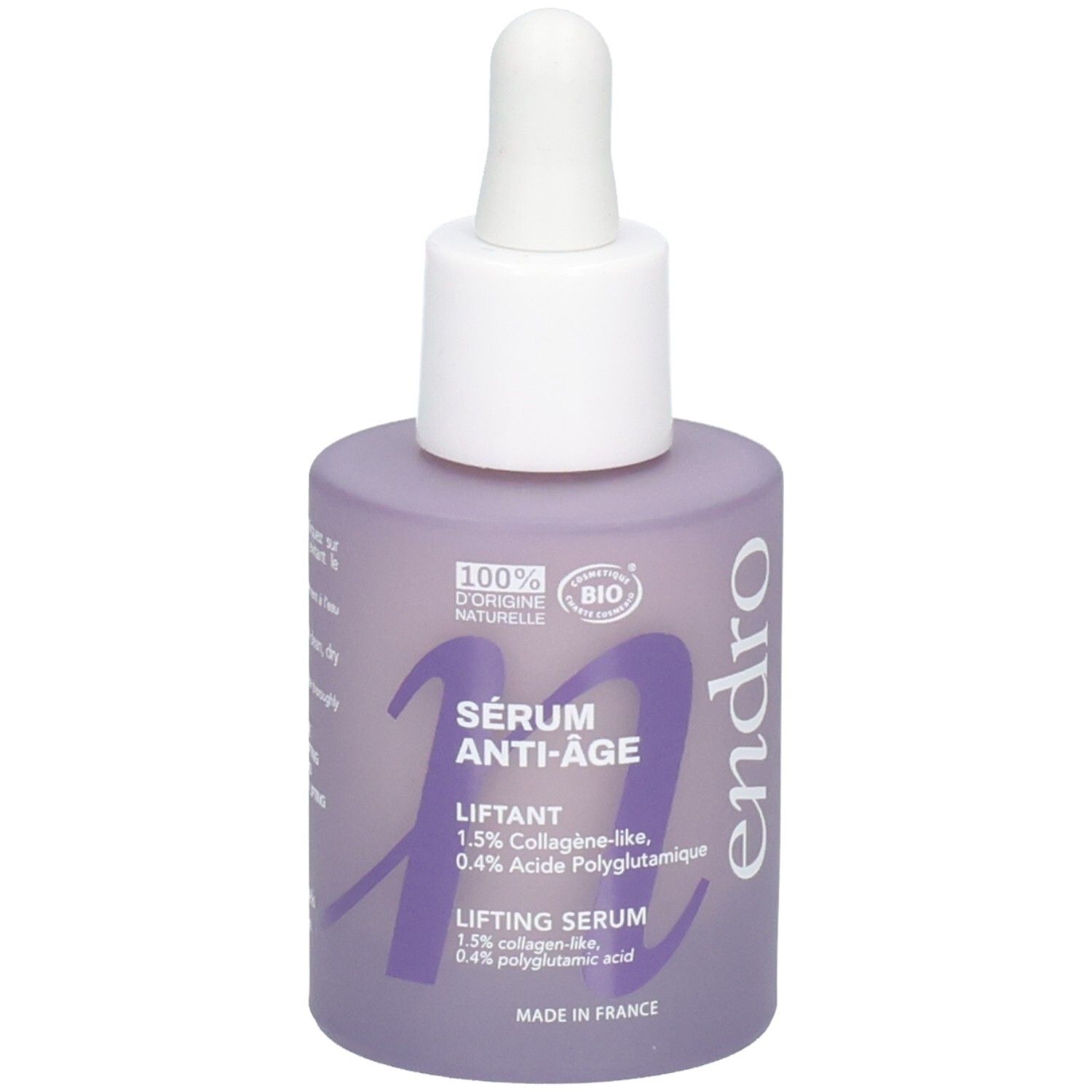 Lila Glasflasche mit Pipettenverschluss, Endro Anti-Aging Lifting Serum, 100% natürliche Herkunft.