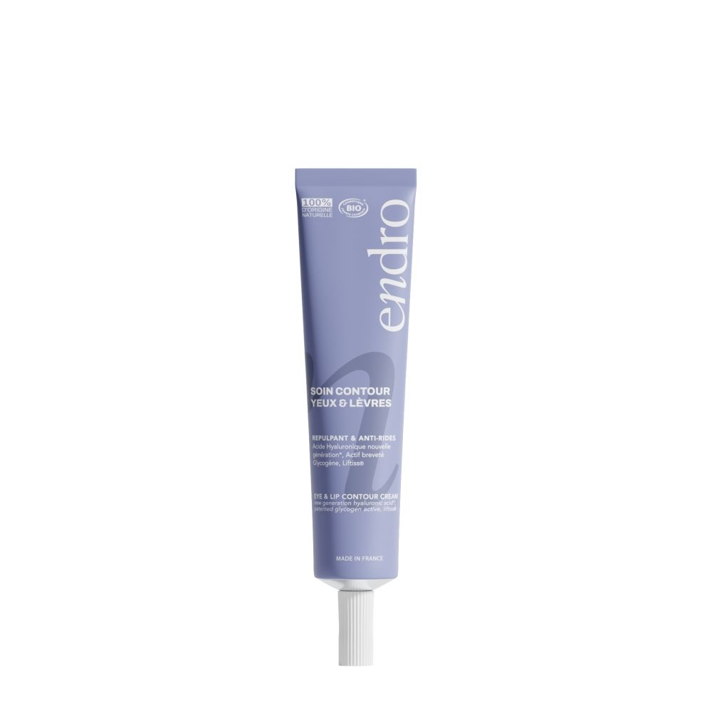 Tube violet avec bouchon blanc, marqué 'endro SOIN CONTOUR YEUX & LEVRES'.