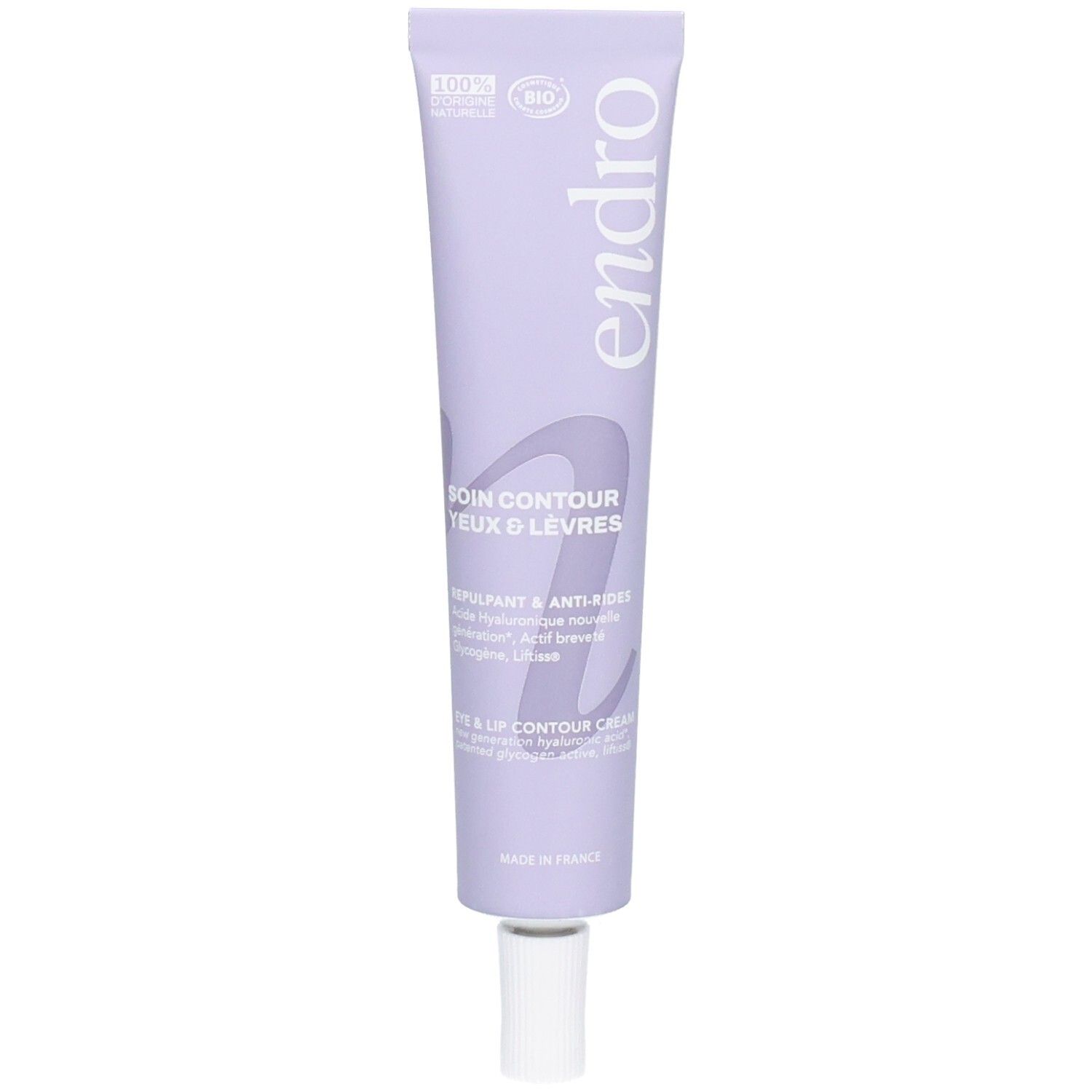 Lila Tube mit weißem Verschluss, mit dem Aufdruck 'endro SOIN CONTOUR YEUX & LEVRES'.