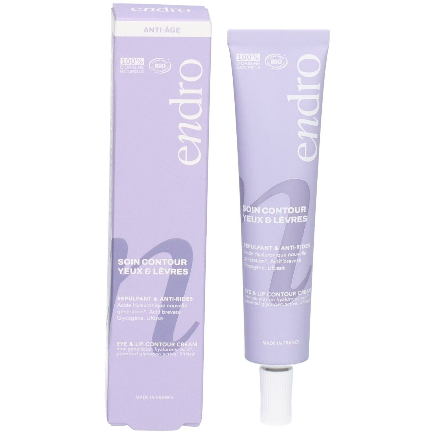 Lila Tube und Faltschachtel für 'Endro Soin Contour Yeux & Lèvres' mit Bio-Siegel.
