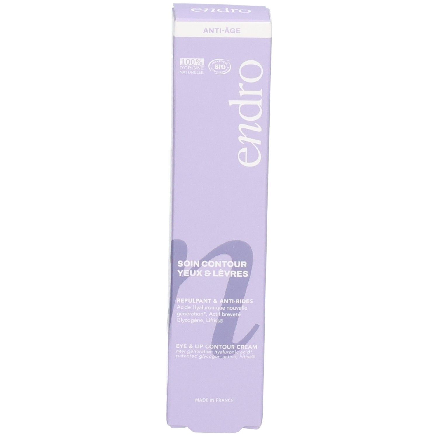 Lila Faltschachtel für 'Endro Soin Contour Yeux & Lèvres' mit Bio-Siegel.