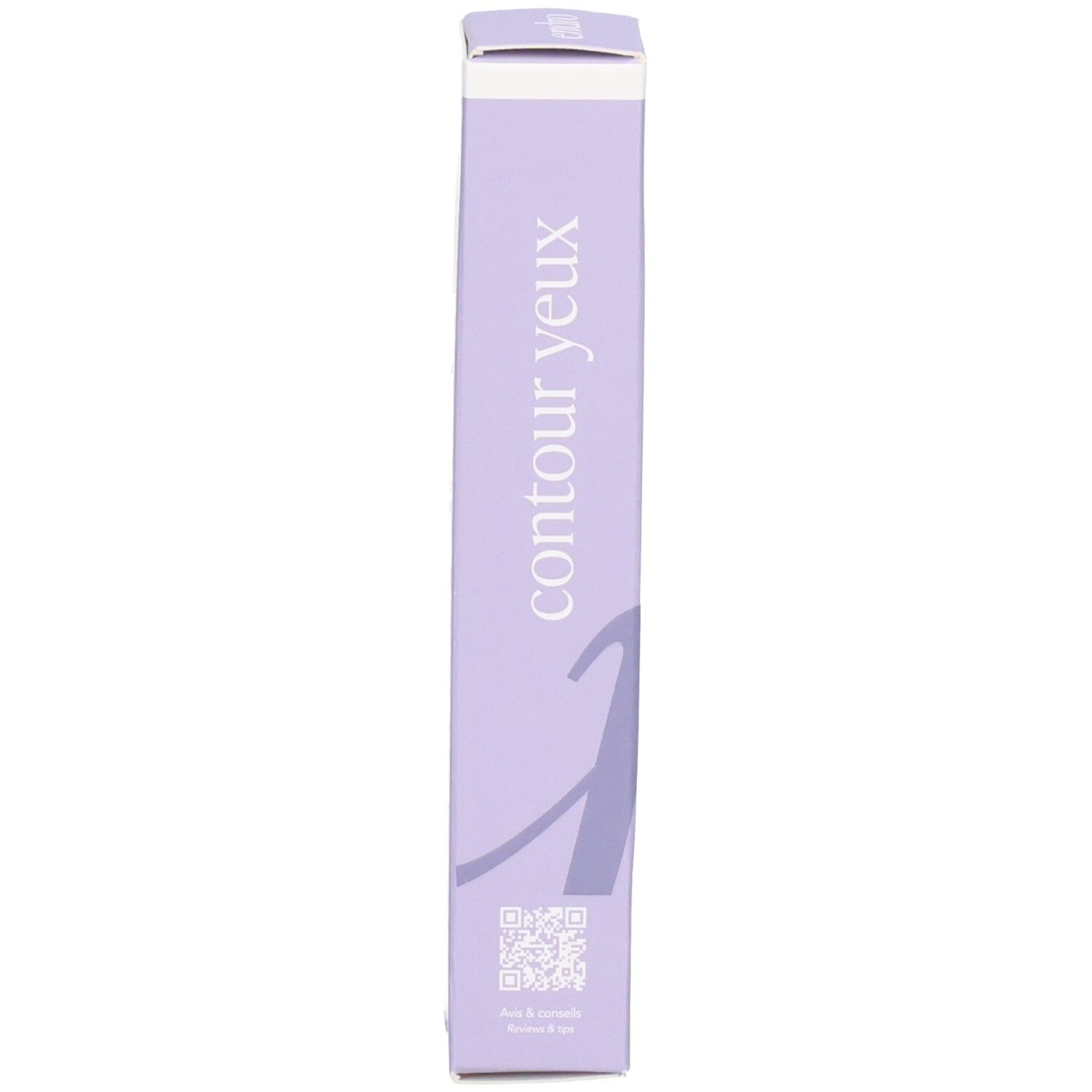 Seitenansicht einer lila Faltschachtel mit vertikalem Text 'contour yeux'.