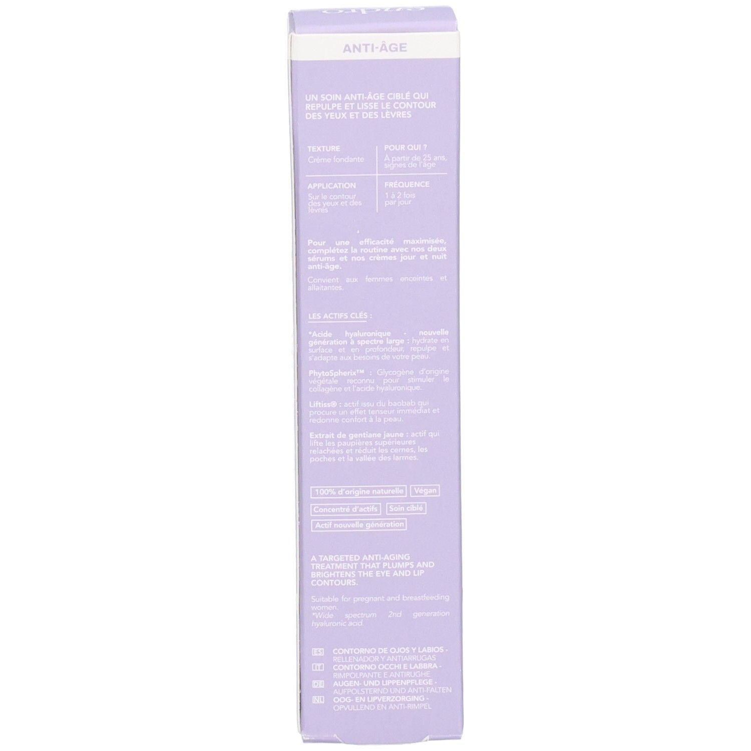 Rückseite einer lila Faltschachtel mit detaillierten Produktinformationen und Inhaltsstoffen.