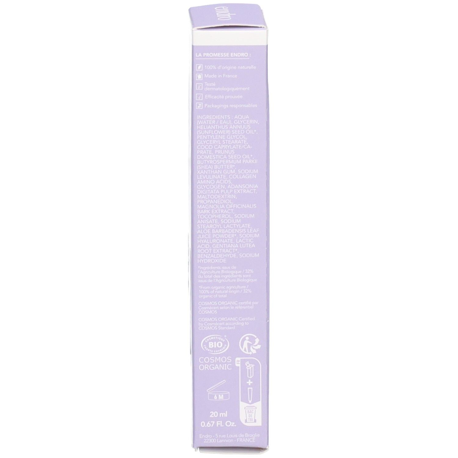 Seite einer lila Faltschachtel mit Bio-Zertifizierung und Produktinformationen.