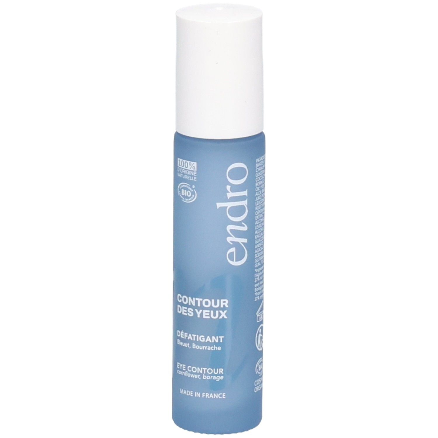 Endro Augenpflege-Roller, blau, mit weißem Deckel. Vorderseite mit Produktbezeichnung.