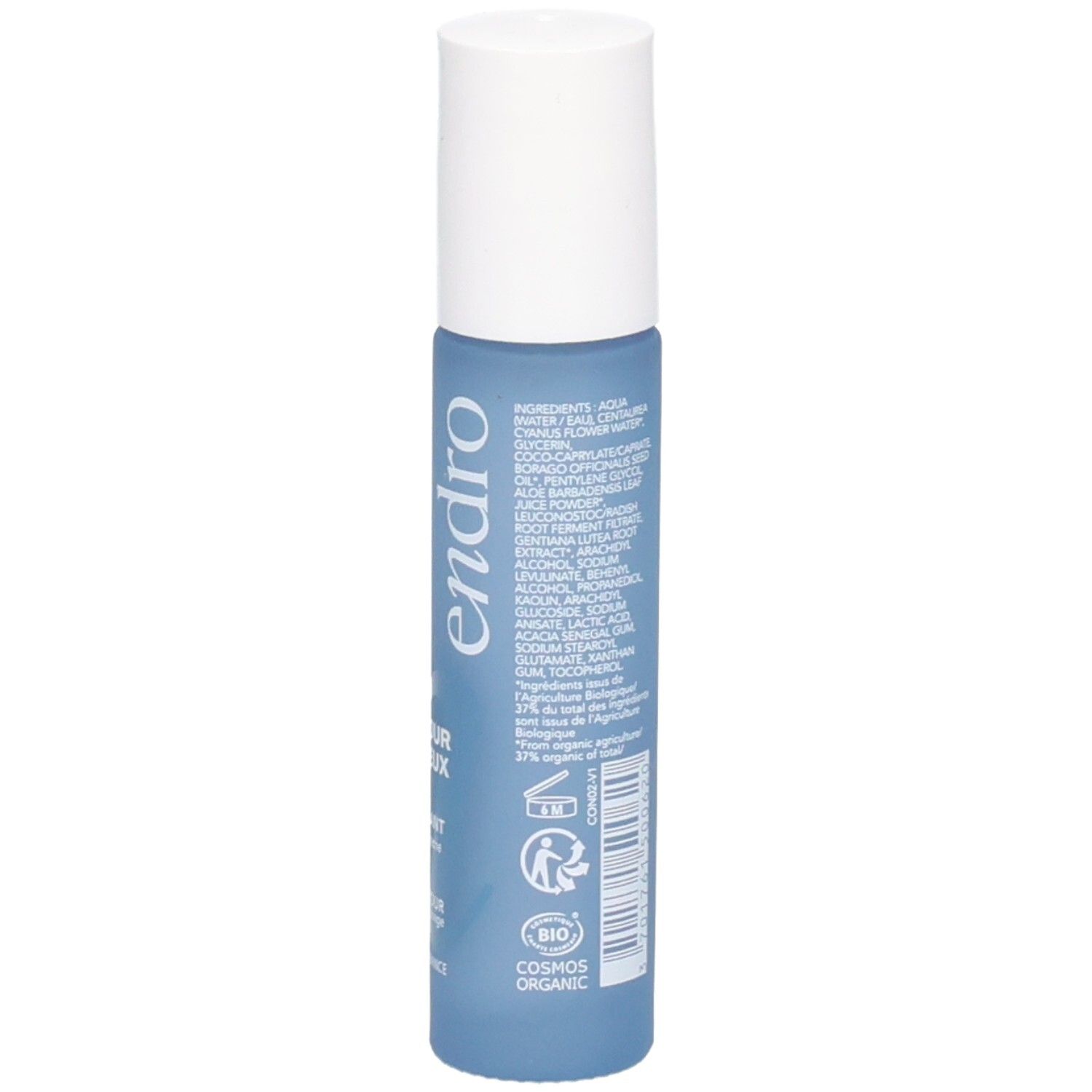 Rückseite Endro Augenpflege-Roller. Liste der Inhaltsstoffe und BIO-Zertifizierung.