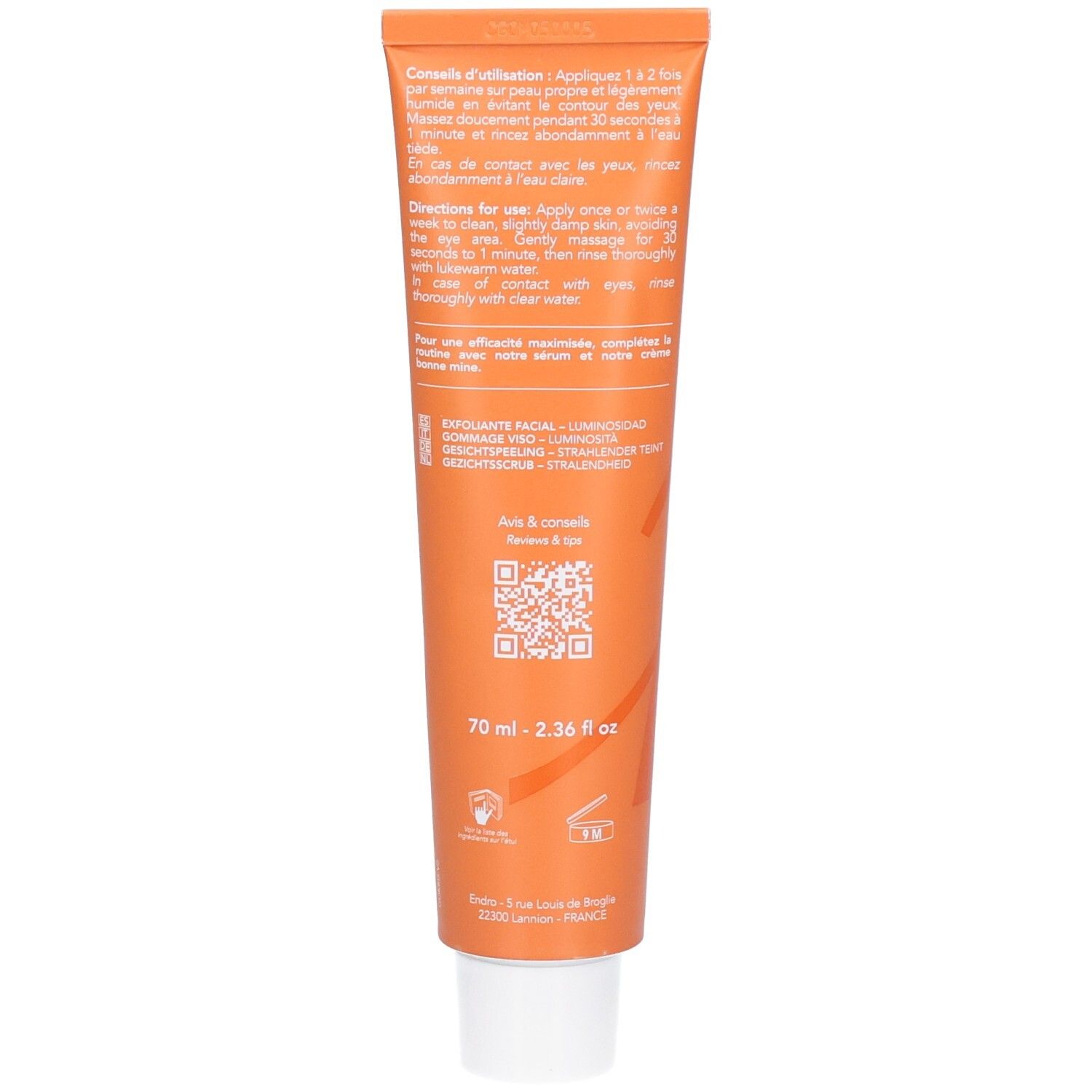 Endro Gommage Visage Eclat Tube Rückseite: 70ml, Made in France.