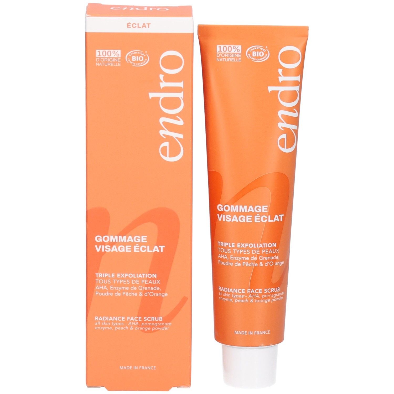 Endro Gommage Visage Eclat: Tube und Box, 100% natürliche Inhaltsstoffe, Bio-zertifiziert.