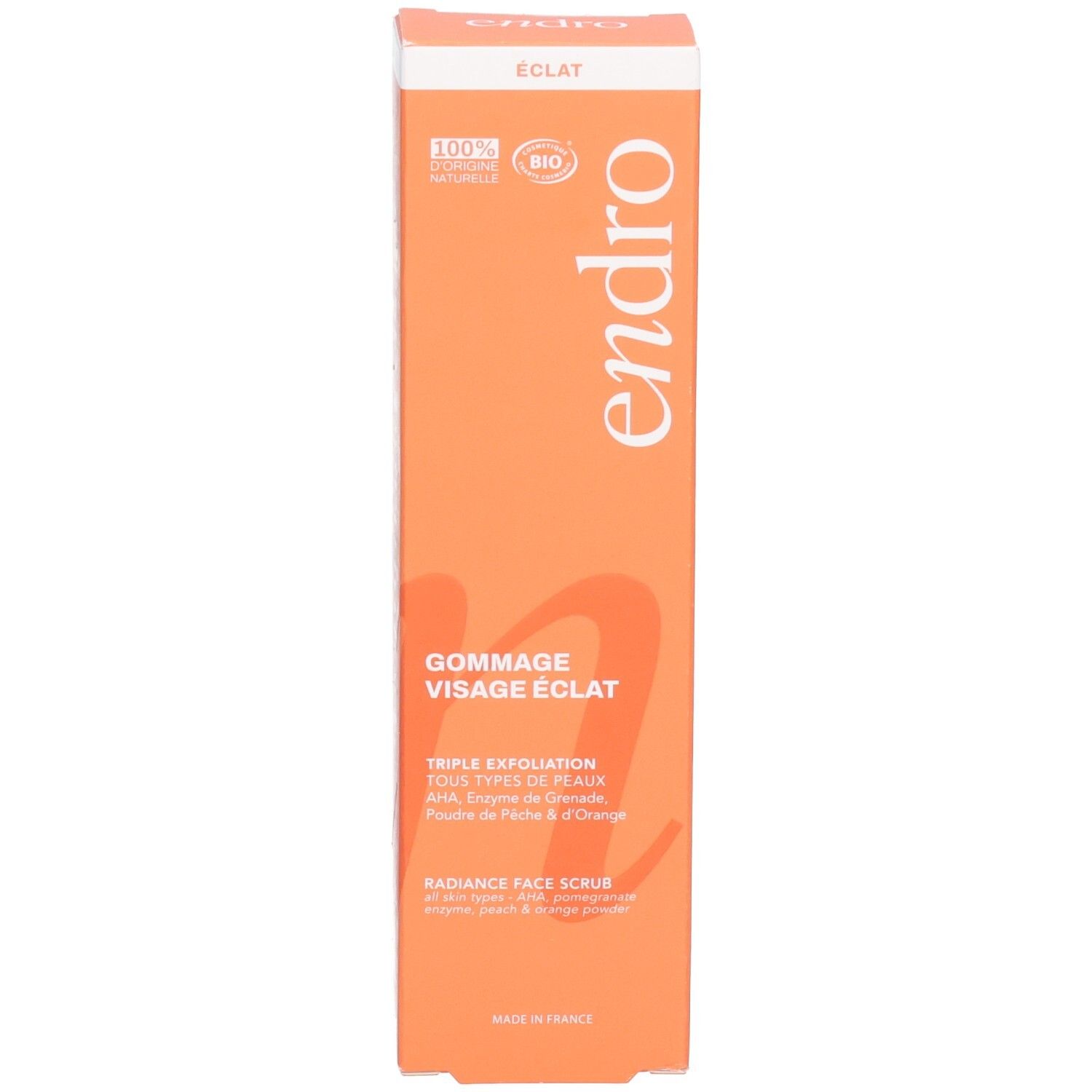 Endro Gommage Visage Eclat Box Vorderseite: 100% natürliche Inhaltsstoffe, Bio-zertifiziert.